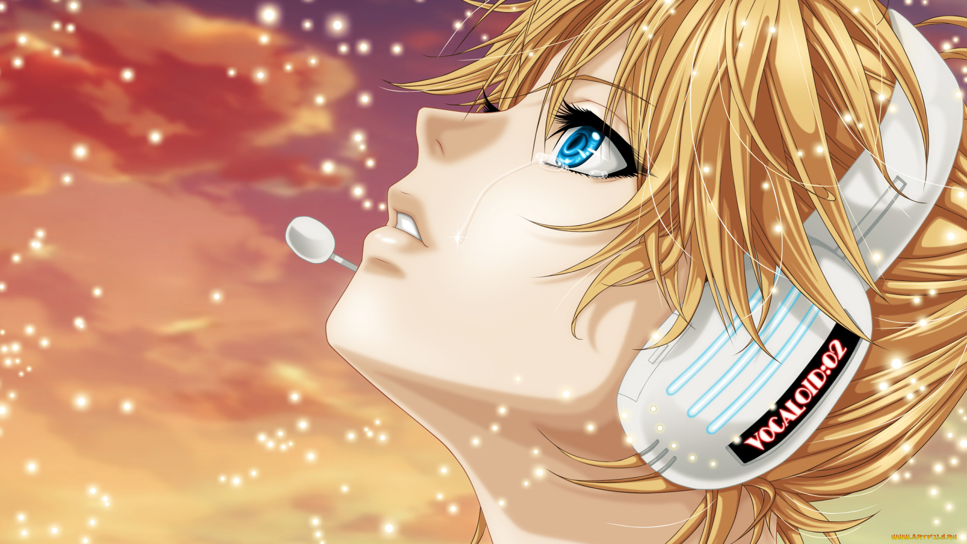 аниме, vocaloid, len, наушники, слеза, лицо, микрофон, kagamine