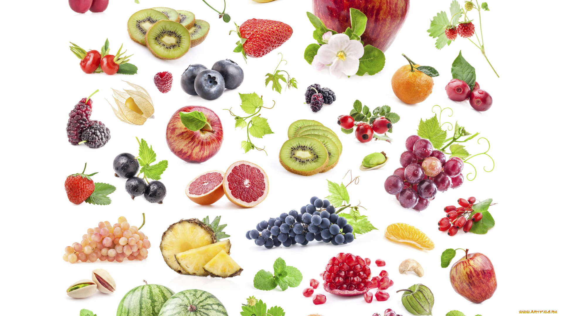 еда, фрукты, , ягоды, ассорти, листья, цветы, ягоды, фон