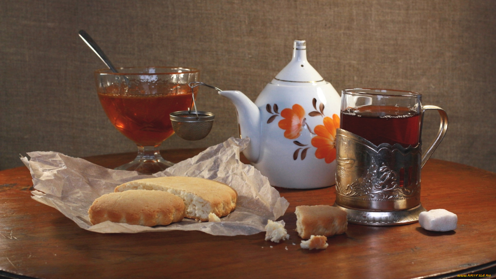 еда, натюрморт, печенье, стакан, чайник, варенье