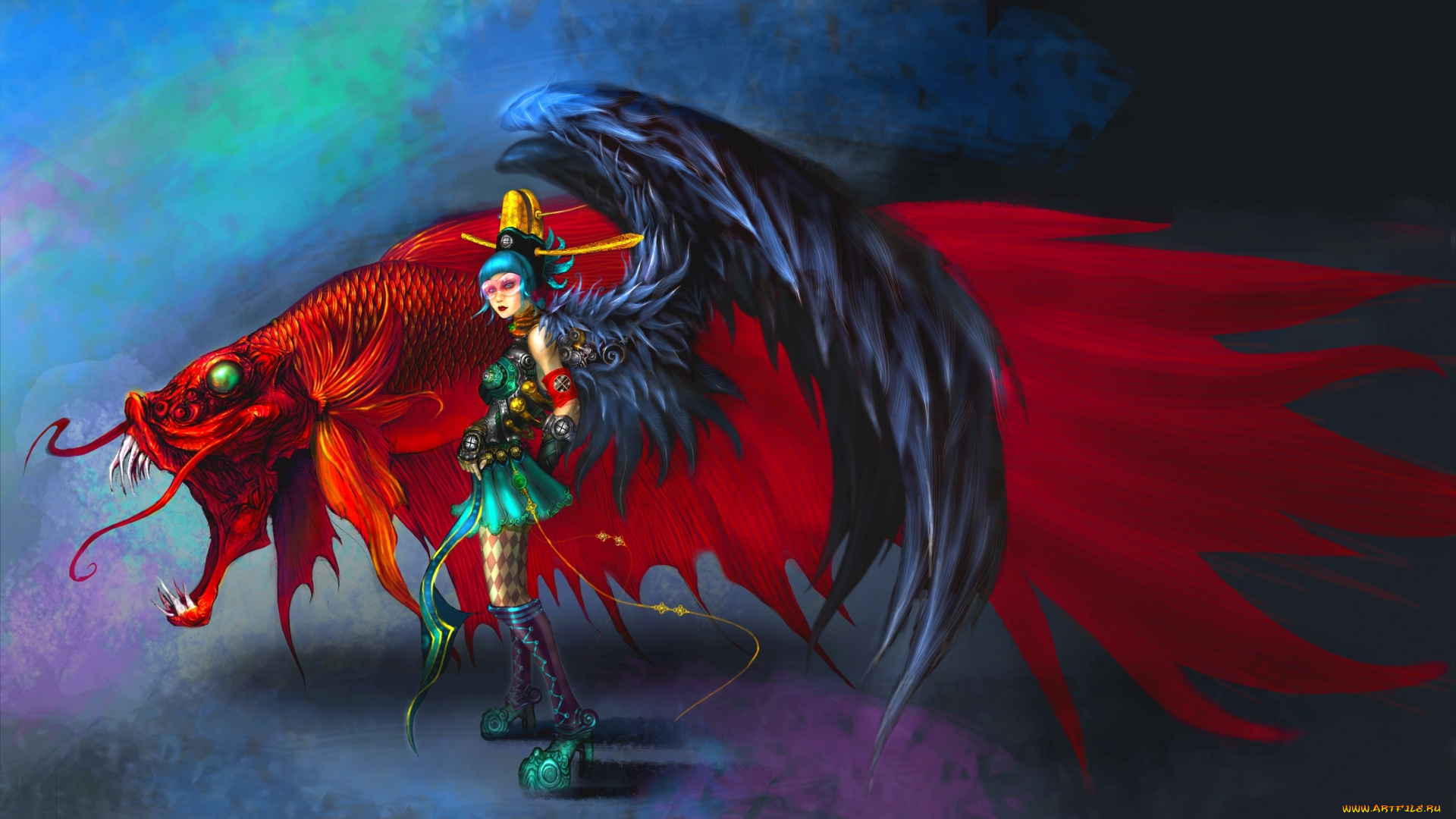 фэнтези, ангелы, сюрреализм, петушок, рыбка, девушка, крылья