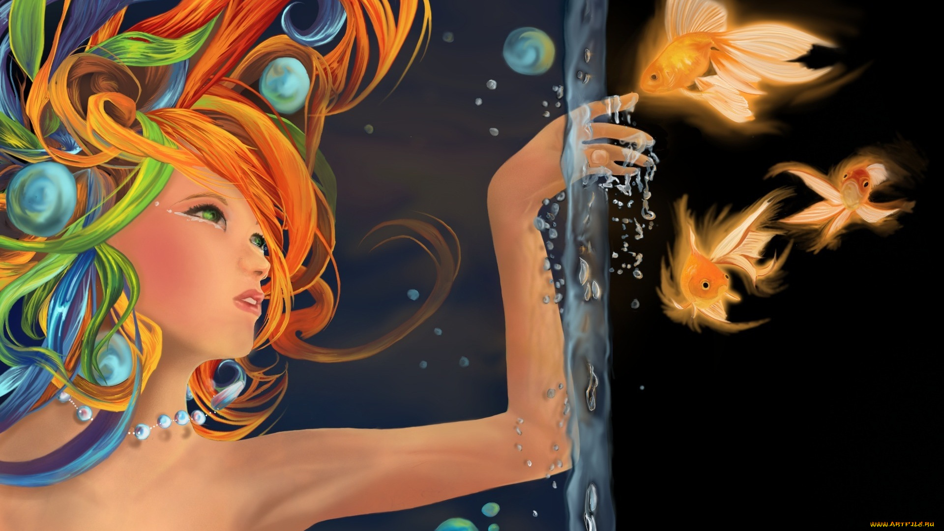 фэнтези, девушки, рыбы, рыбки, девушка, вода, рисунок, пузырьки, рука, золотые