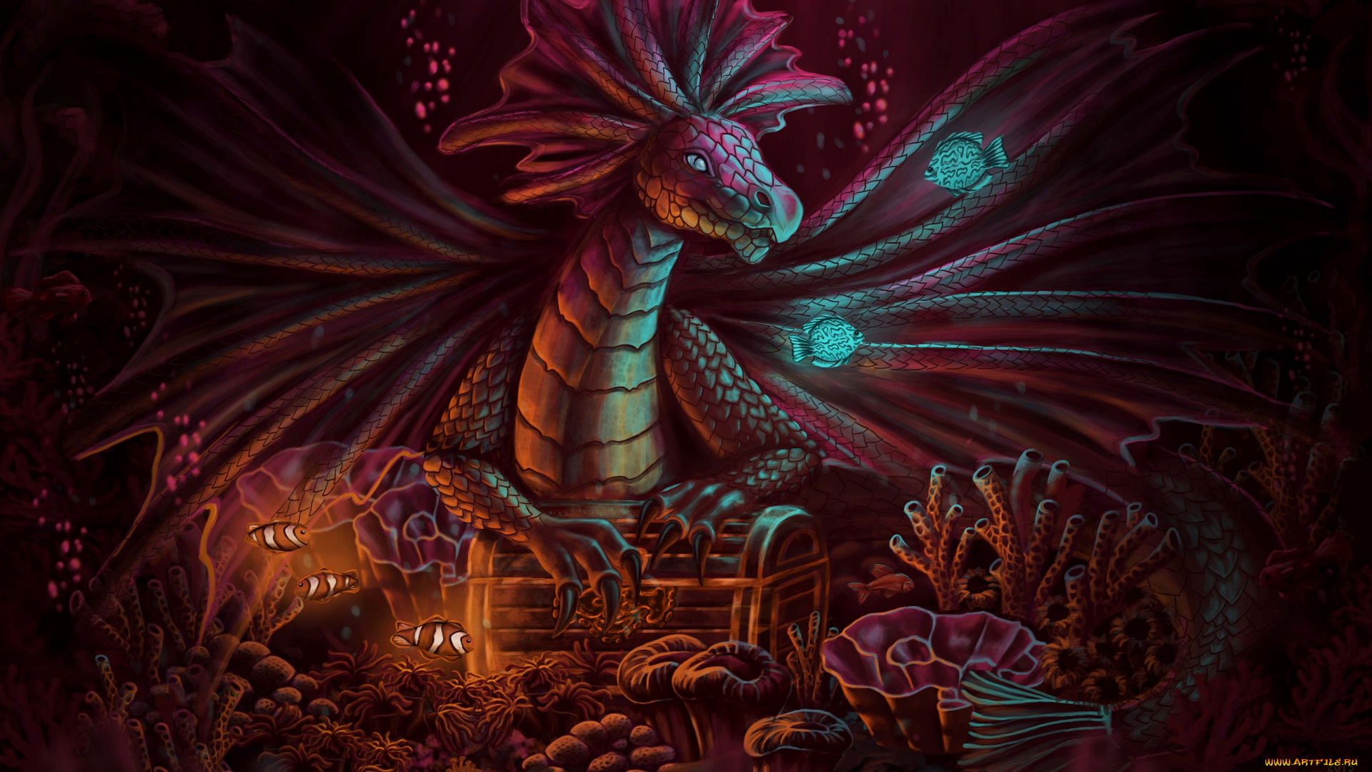 фэнтези, драконы, под, водой, существо, дракон, арт, сокровище, рыбки