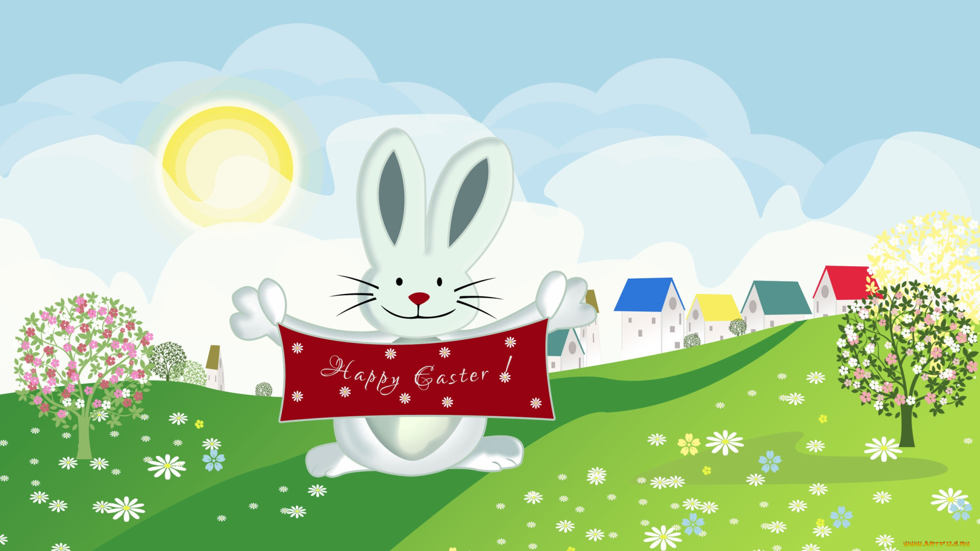 праздничные, пасха, кролик, деревья, дома