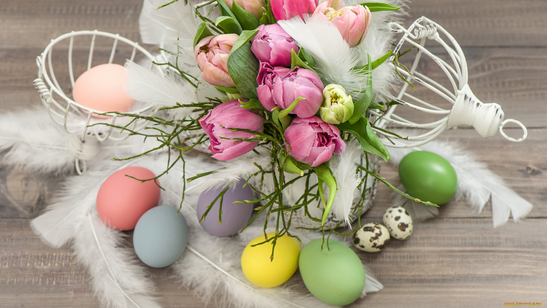 праздничные, пасха, пасхальные, яйца, тюльпаны, цветы