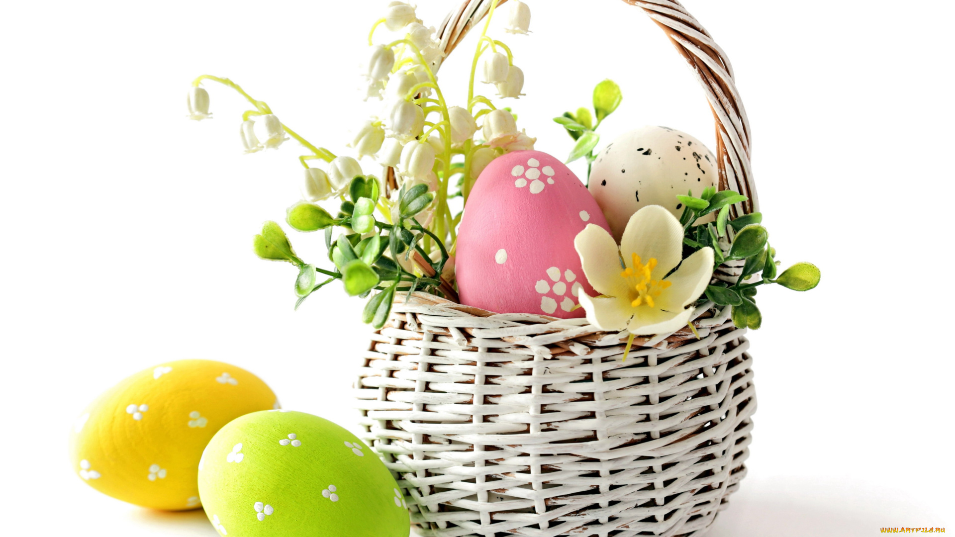 праздничные, пасха, яйца, ландыши, корзинка