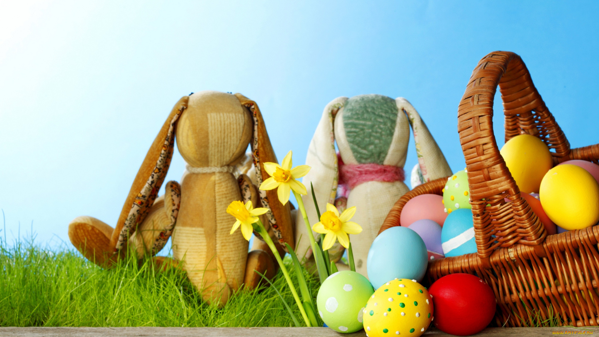 праздничные, пасха, яйца, праздник, фон, трава, цветы, игрушки