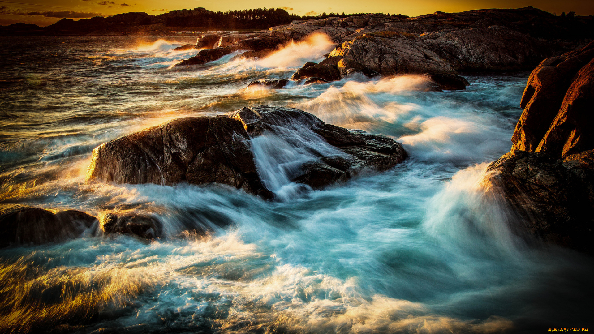 природа, побережье, волны, пена, камни