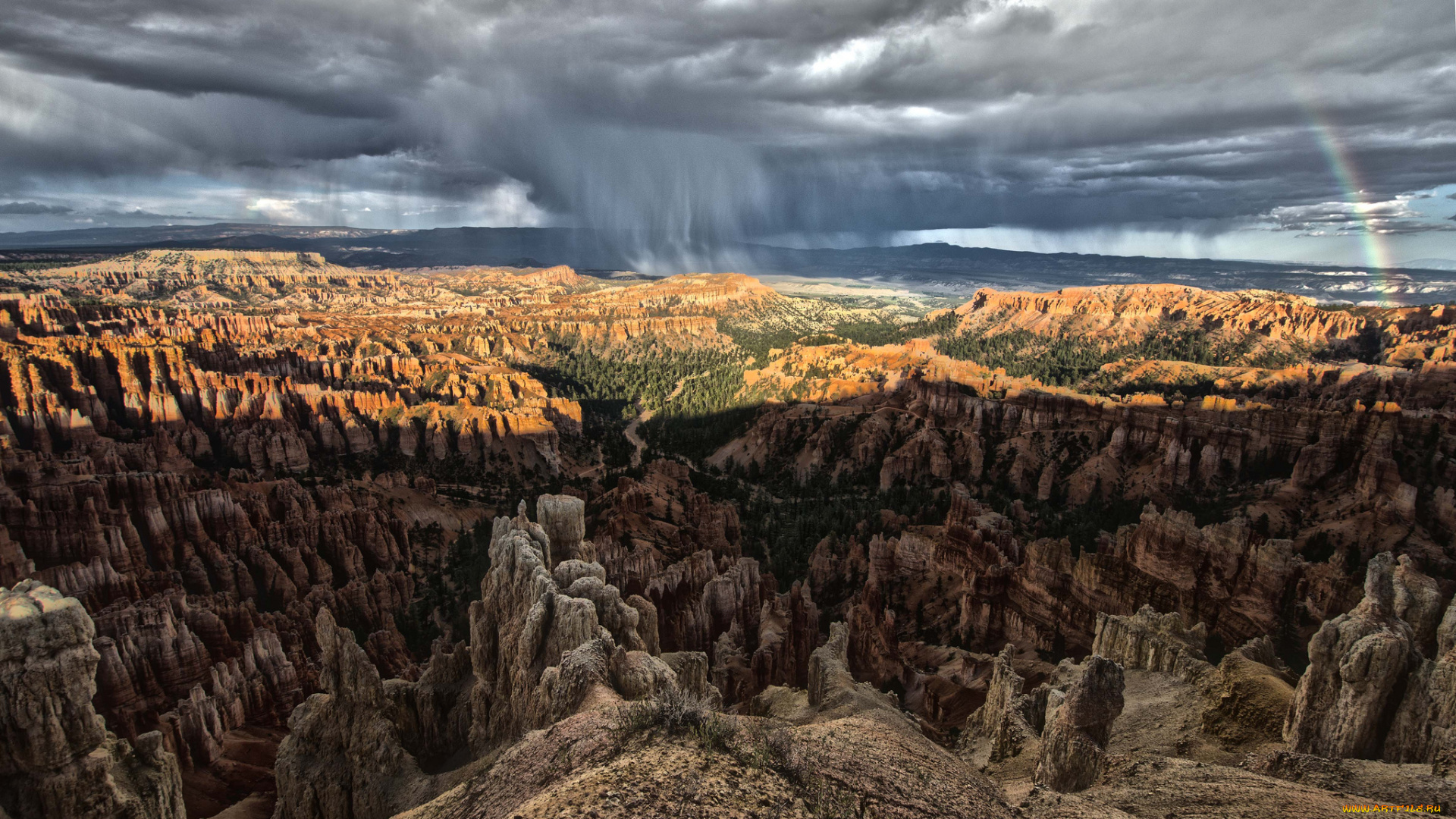 природа, радуга, тучи, скалы, плато, горное