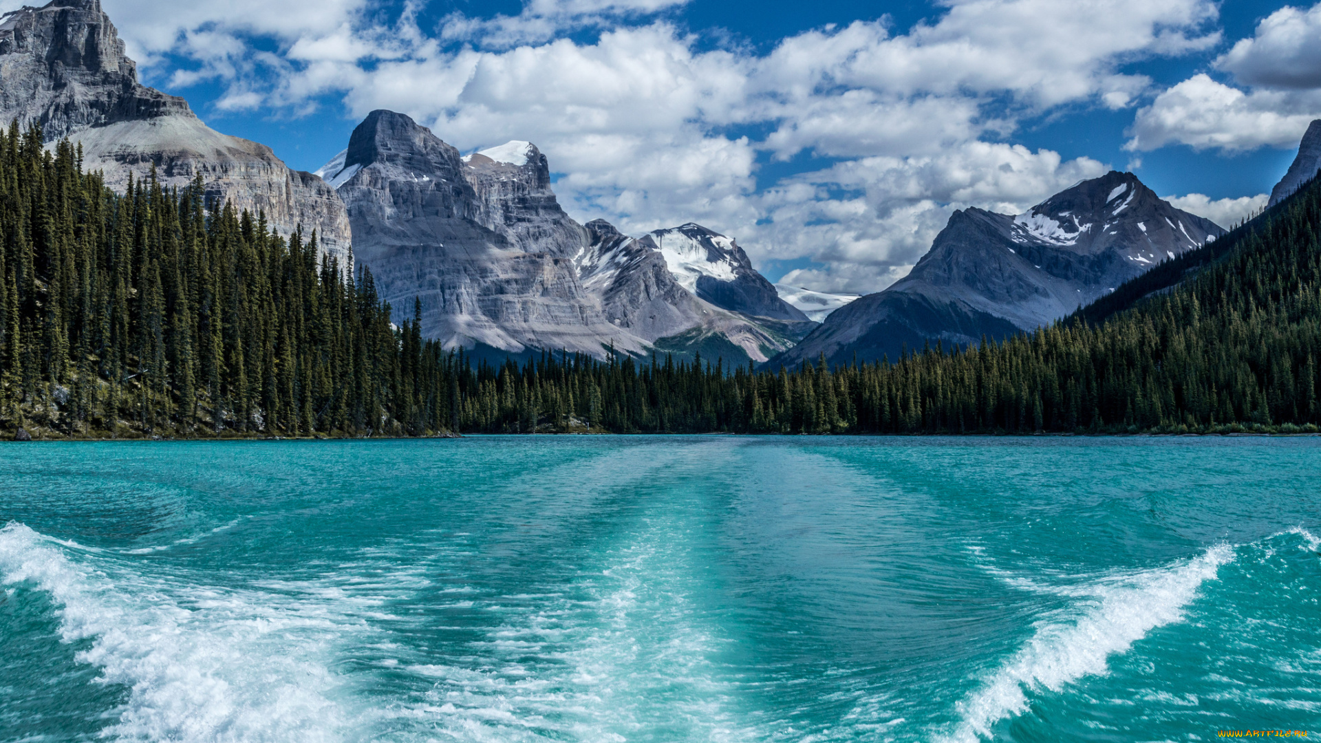 природа, реки, озера, облака, лес, снега, скалы, горы, озеро, след