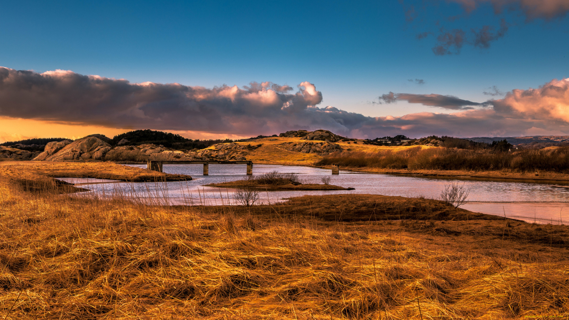 природа, реки, озера, облака, трава, холмы, река