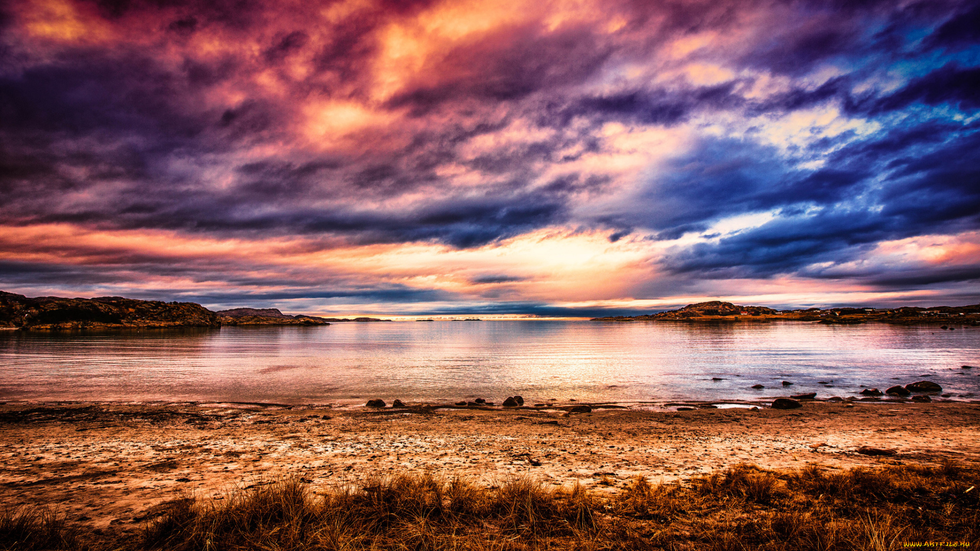 природа, восходы, закаты, пляж, облака, зарево, озеро