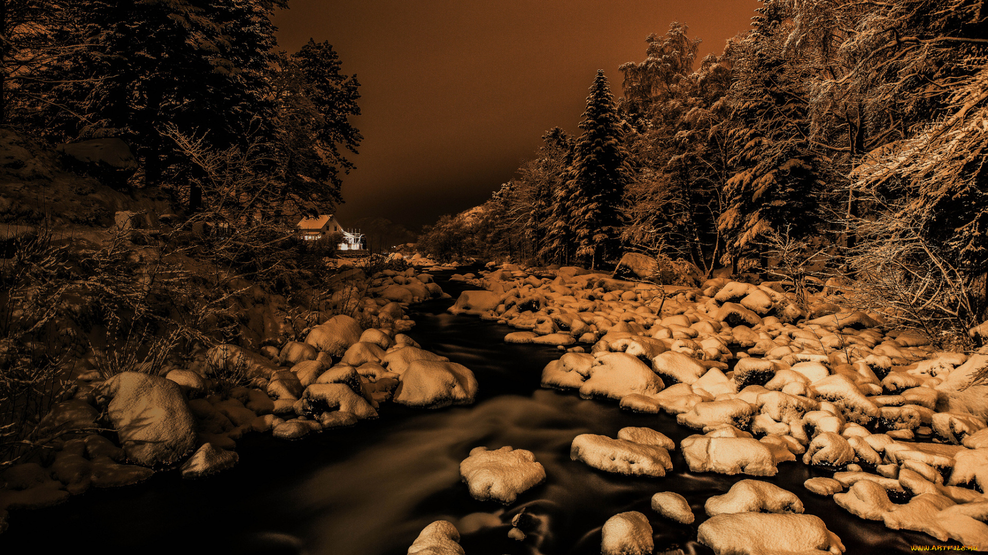 природа, зима, лес, ручей, ночь, снег