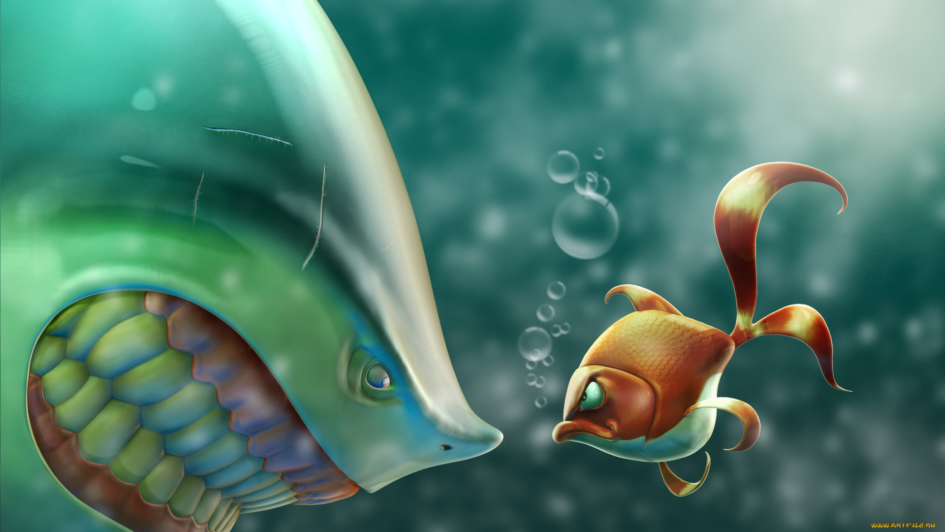 рисованные, животные, , рыбы, рыбы, ситуация, море, акула, золотая, злость, пузырьки, рыбка