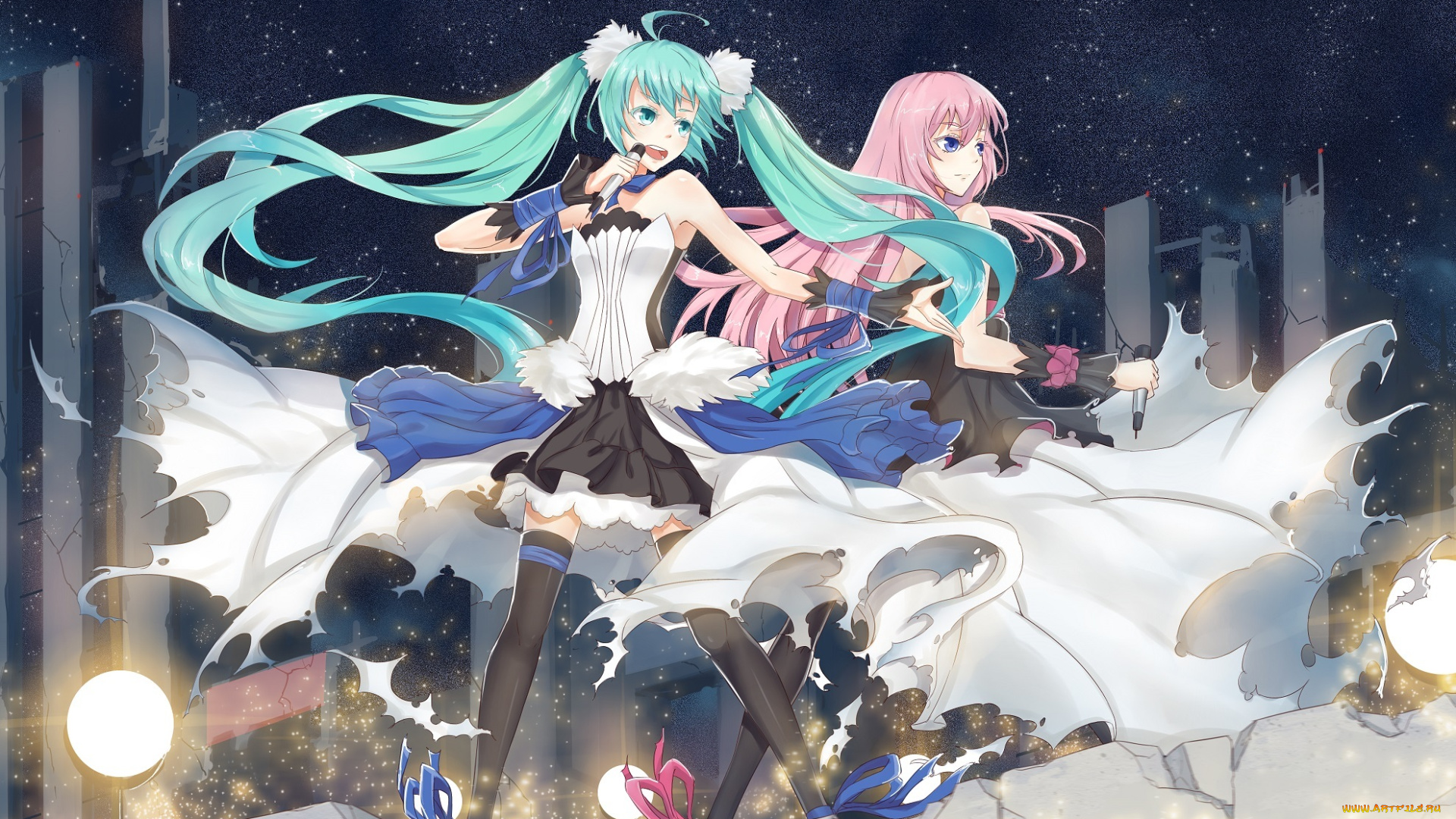 vocaloid, аниме, звезды, небо, девушка, megurine, luka, hatsune, miku, арт, банты, ленты, микрофон, вокалоид