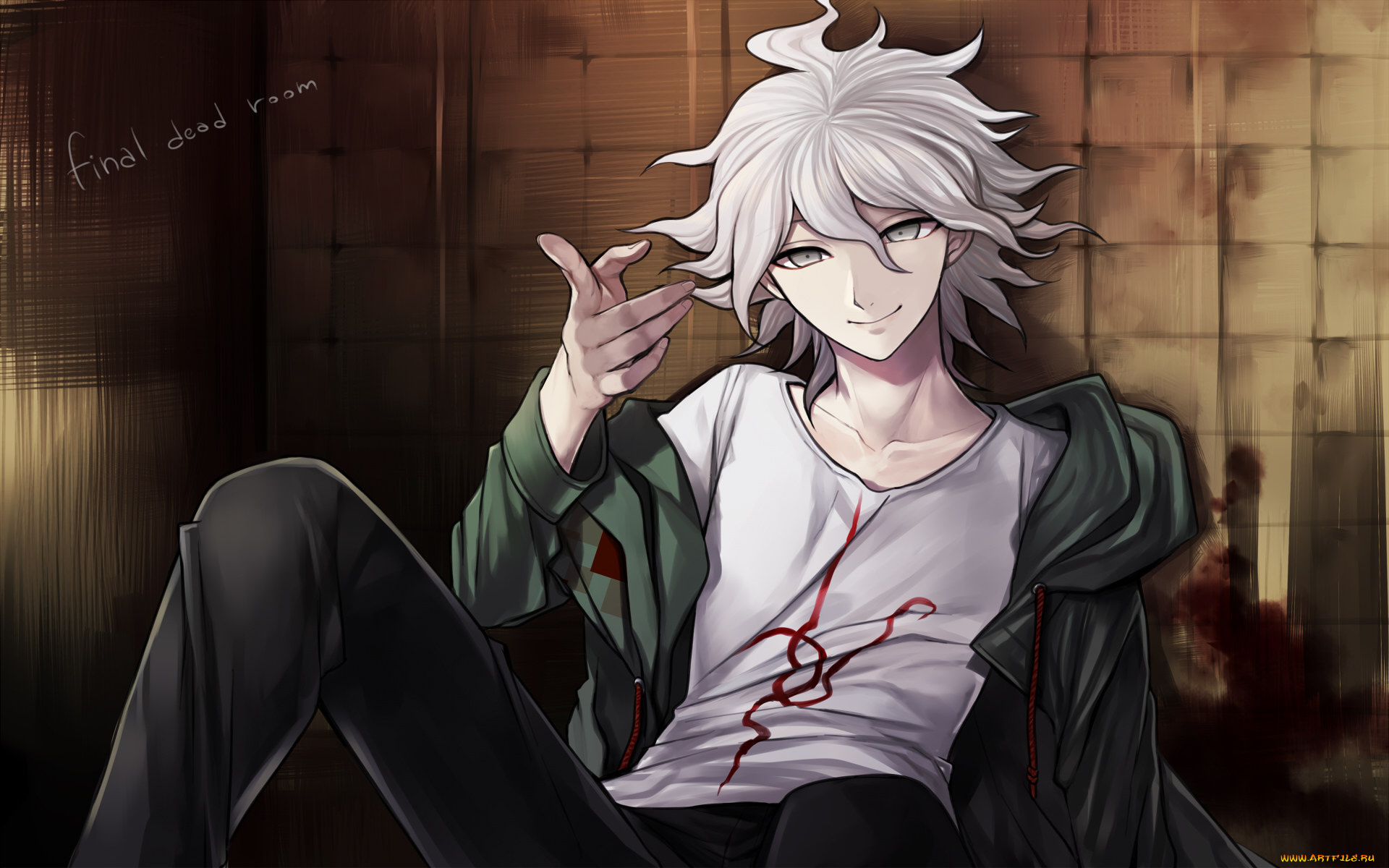 аниме, danganronpa, мальчик, рука, komaeda, nagito, стена, кровь, кофта, футболка, волосы