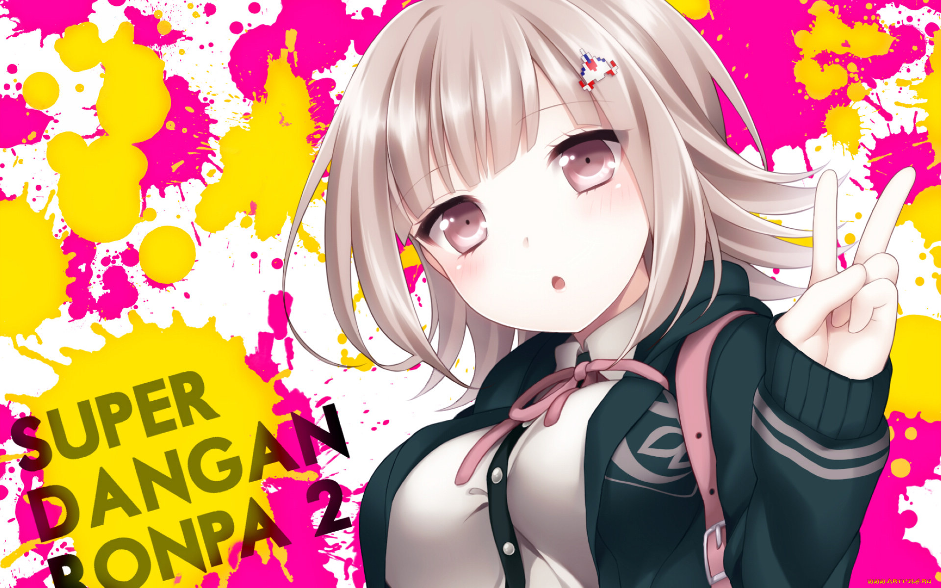 аниме, danganronpa, рука, жест, nanami, chiaki, заколка, форма, лента
