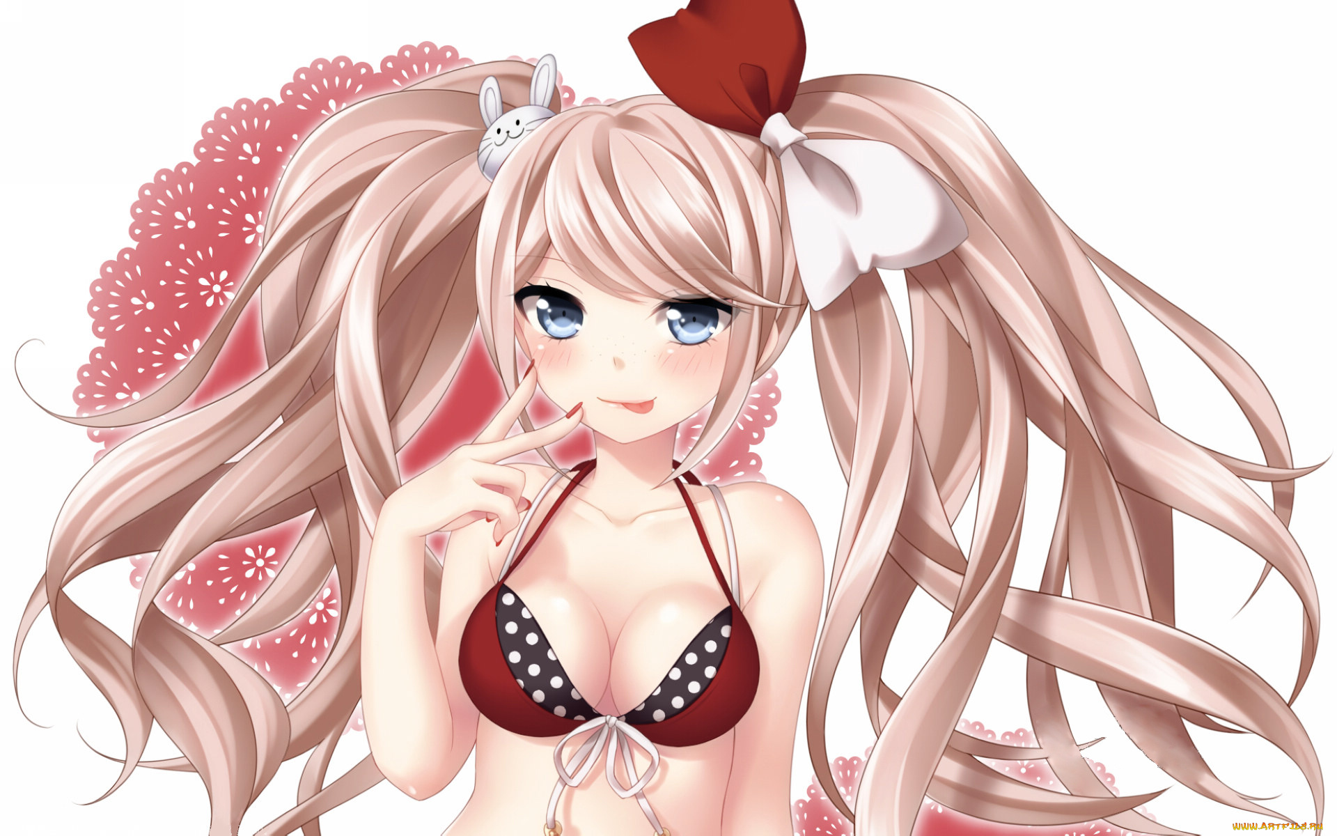 аниме, danganronpa, взгляд, enoshima, junko, девушка, заколка, медведь, грудь, руки, волосы, язык, бант
