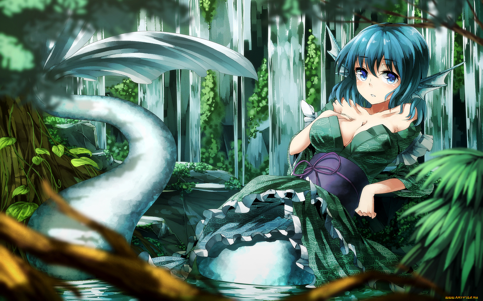 аниме, touhou, wakasagihime, ibuki, notsu, арт, кимоно, водопад, вода, хвост, девушка