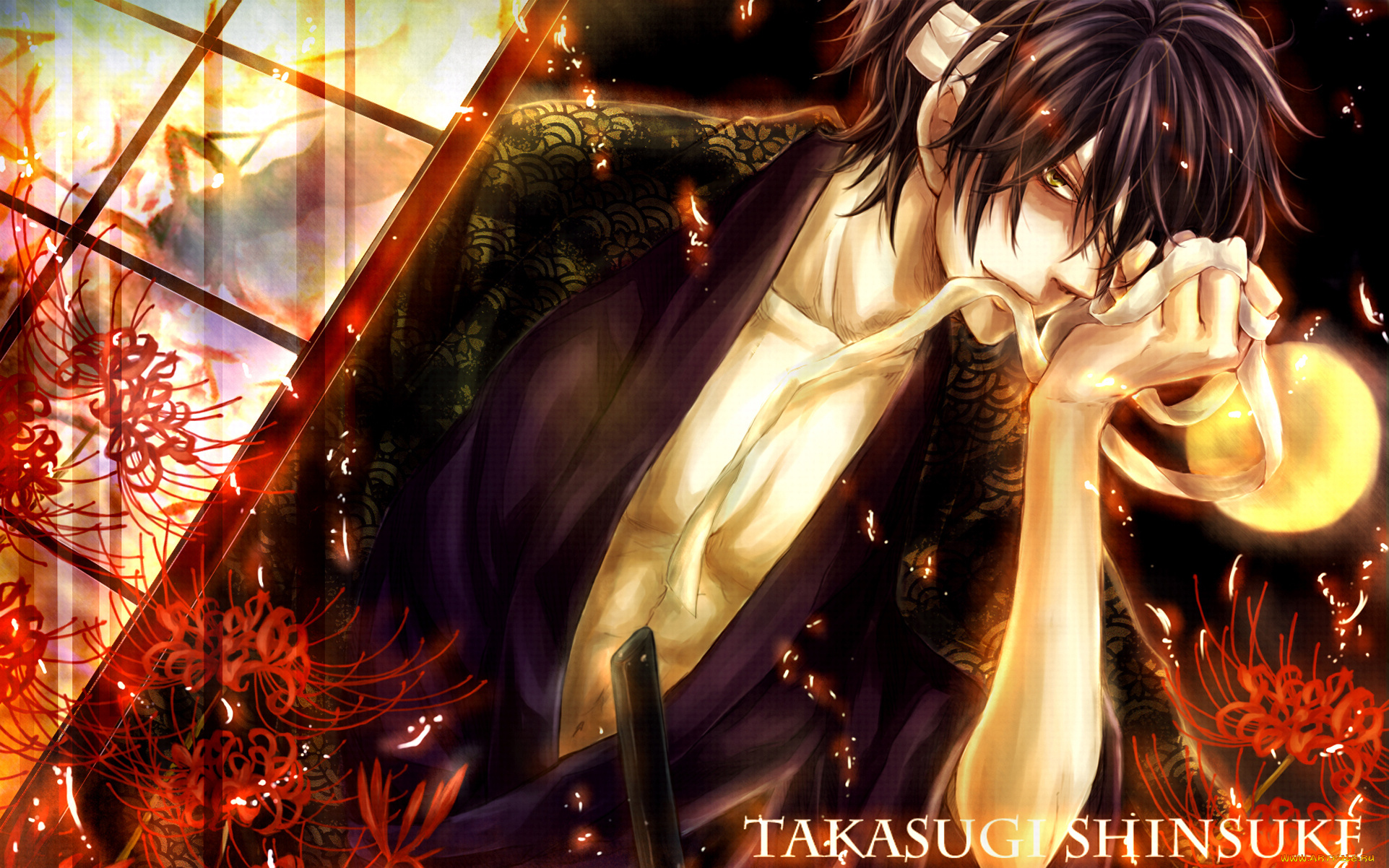 аниме, gintama, искры, цветы, самурай, мужчина, бинт, желтая, луна, takasugi, shinsuke