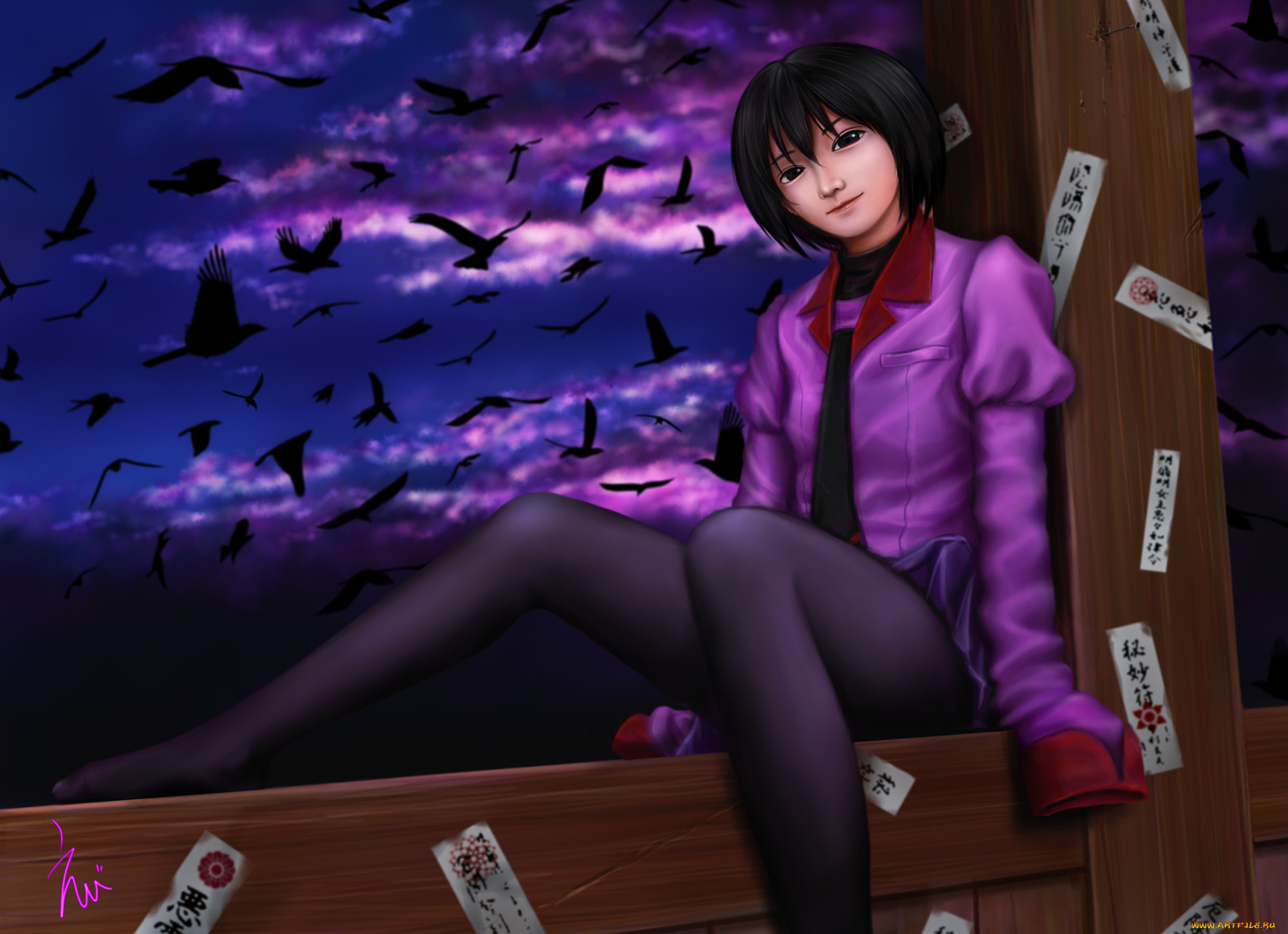 аниме, bakemonogatari, птицы, ночь, школьница, art, ebi, девушка, oshino, ougi, взгляд, улыбка, поза