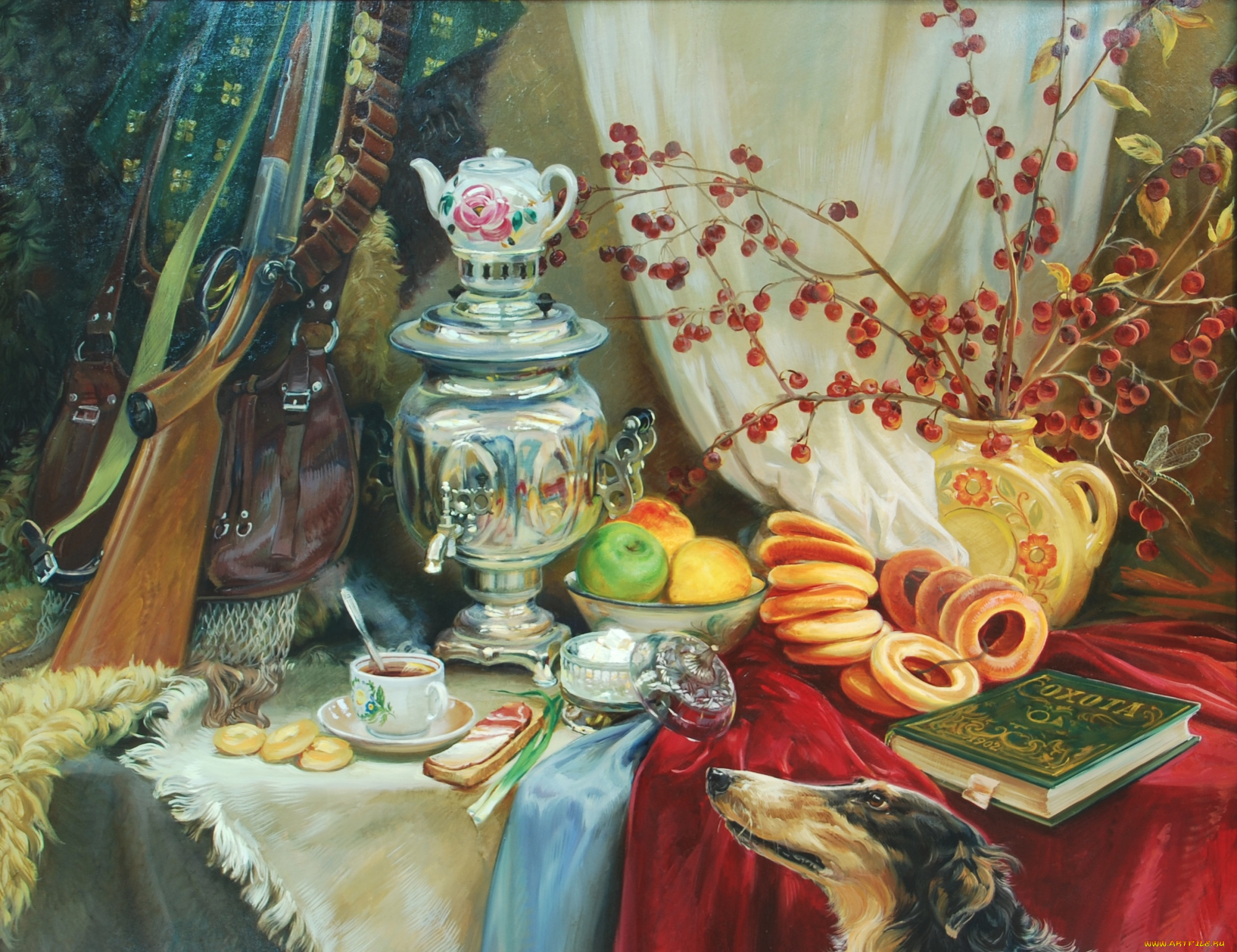 рисованные, живопись, натюрморт, собака, самовар