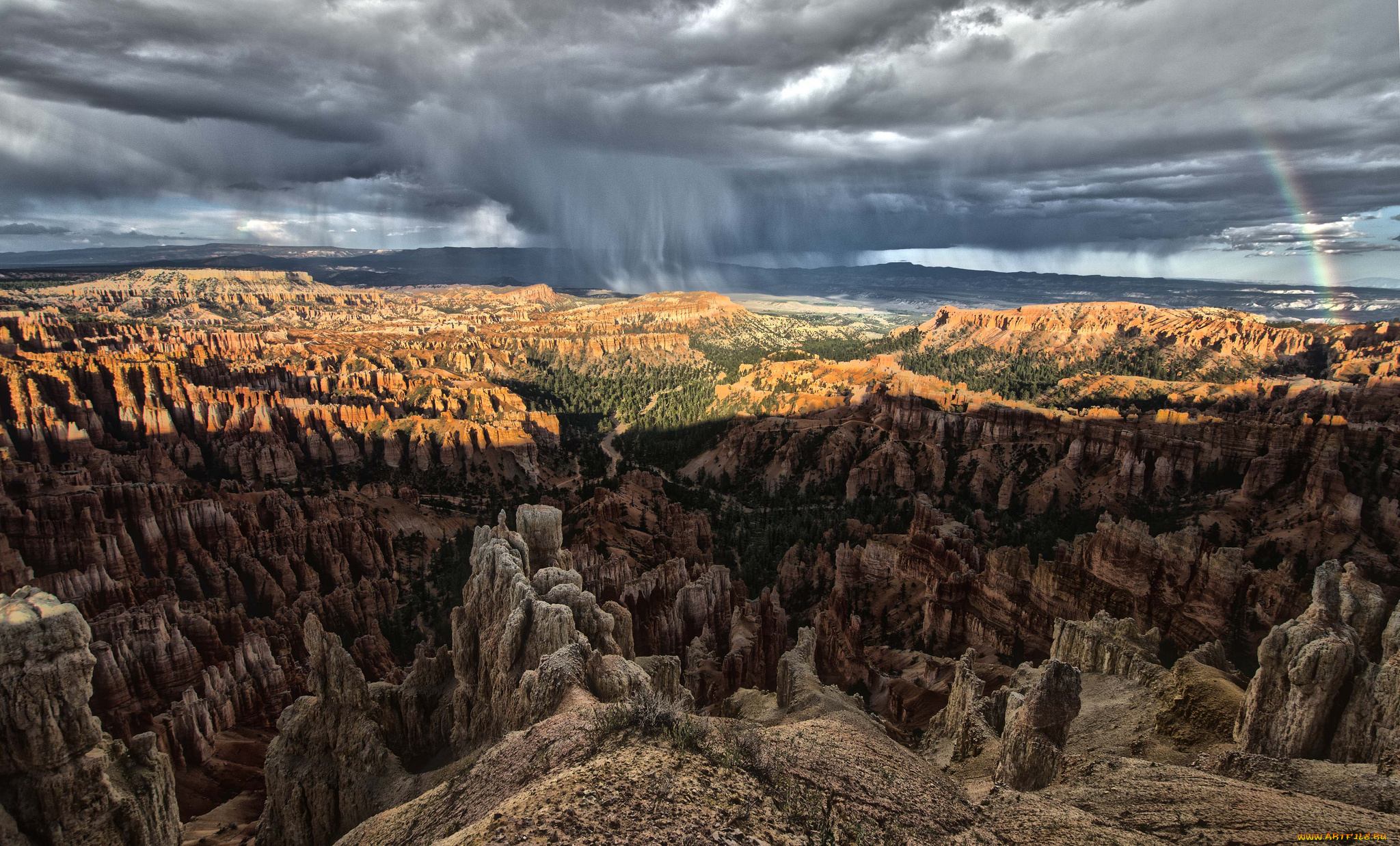 природа, радуга, тучи, скалы, плато, горное