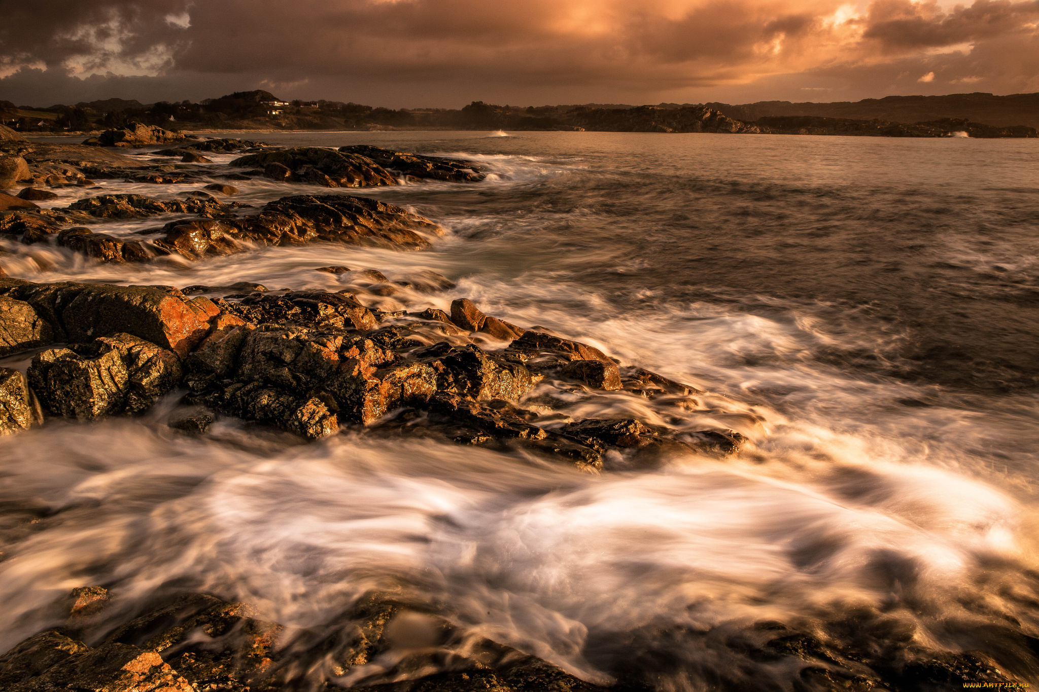 природа, побережье, пена, камни, волны, берег