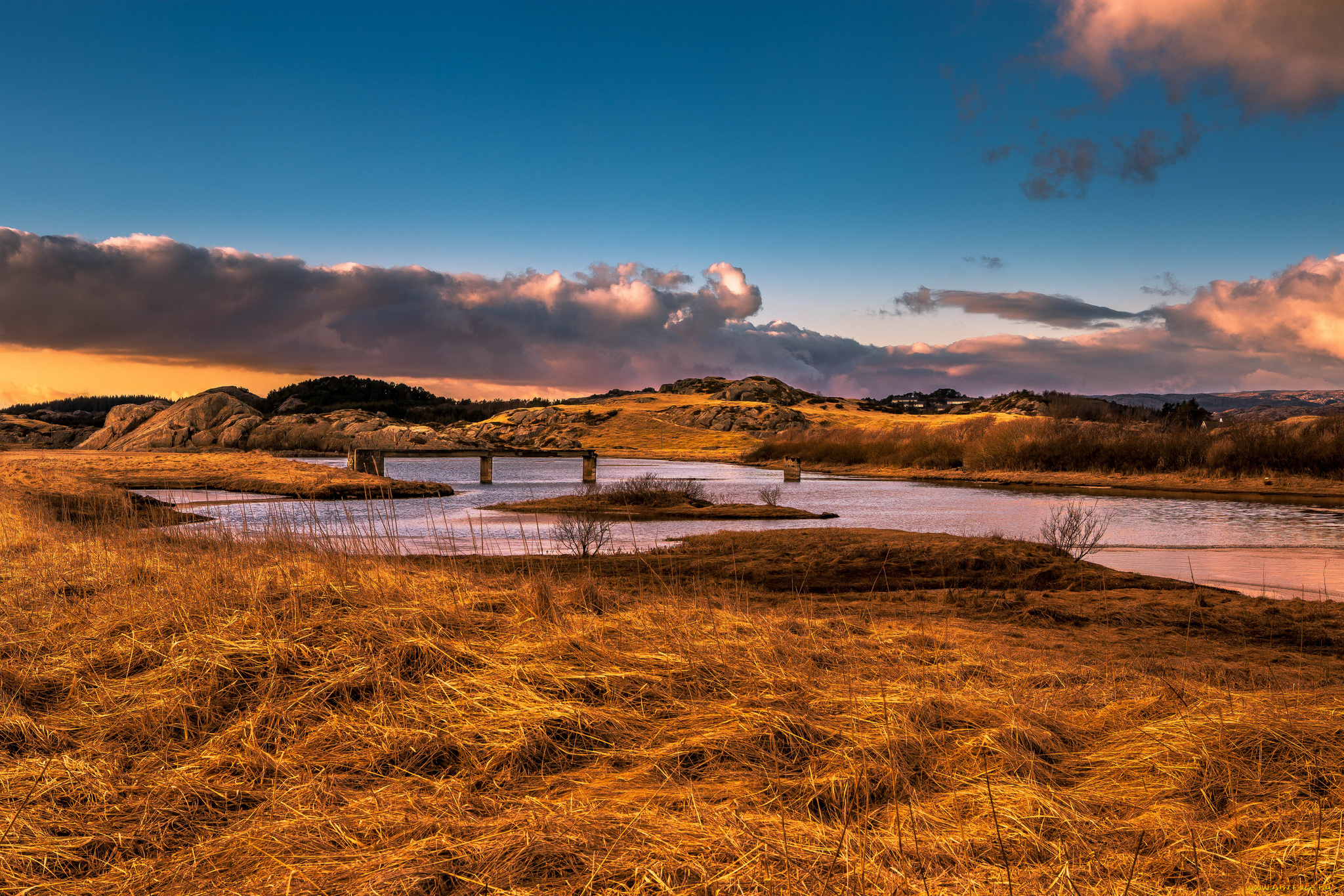 природа, реки, озера, облака, трава, холмы, река