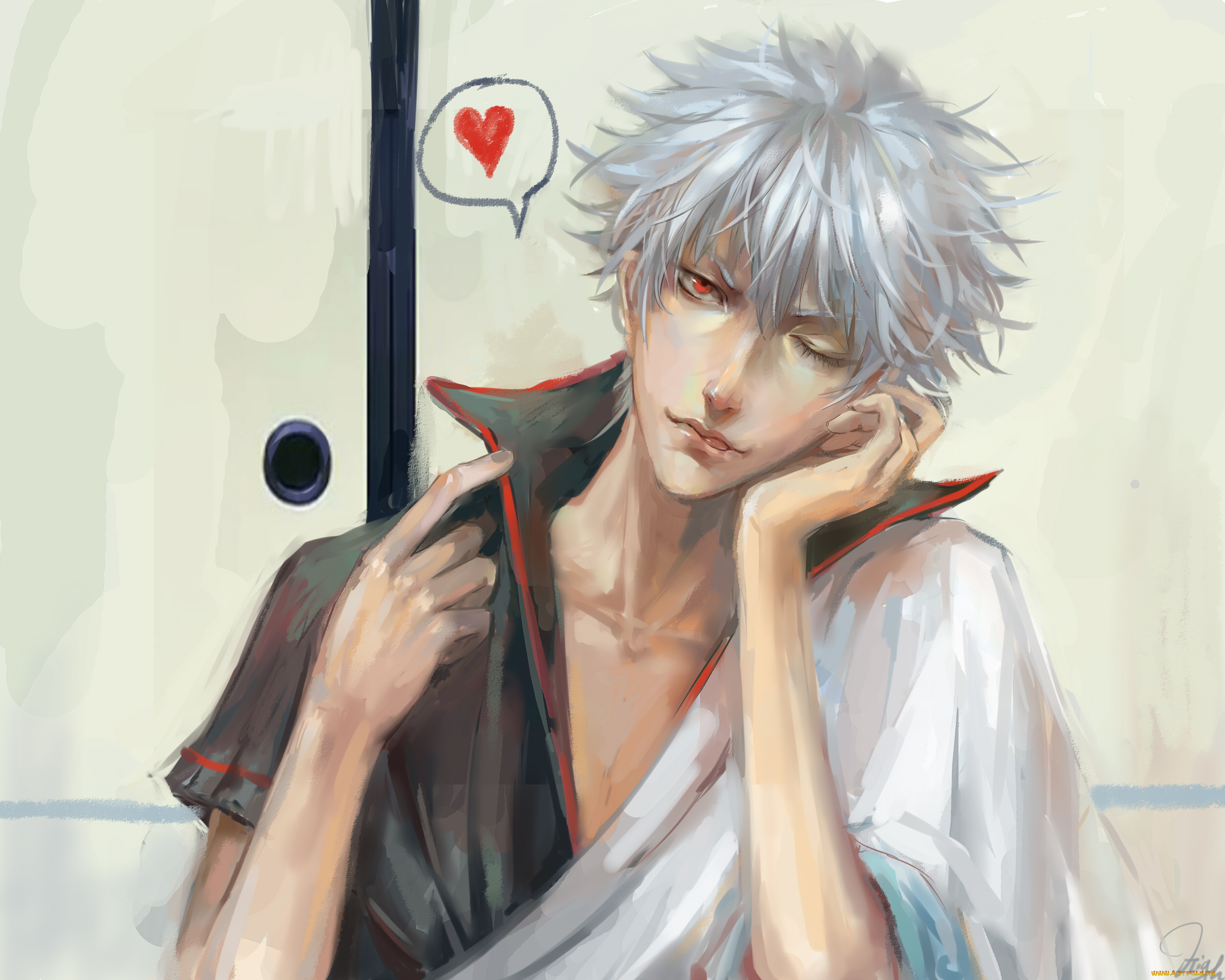 аниме, gintama, взгляд, sakata, gintoki, парень, hkun, konnan, art, язык, сердечко