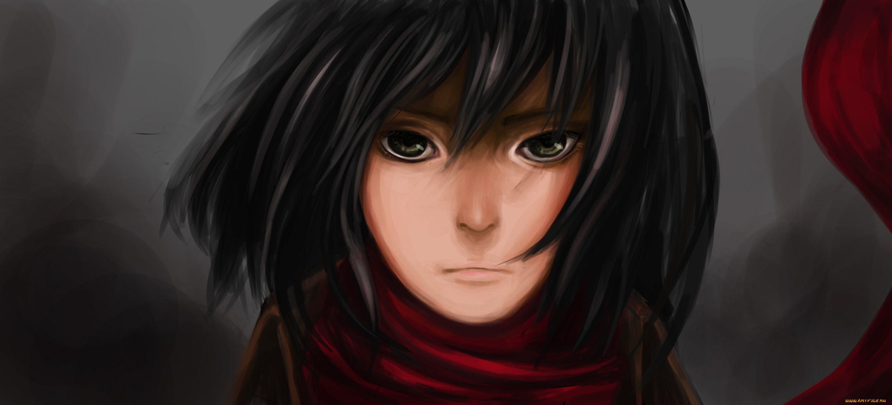 аниме, shingeki, no, kyojin, лицо, арт, девушка, красный, шарф, волосы, брюнетка, взгляд