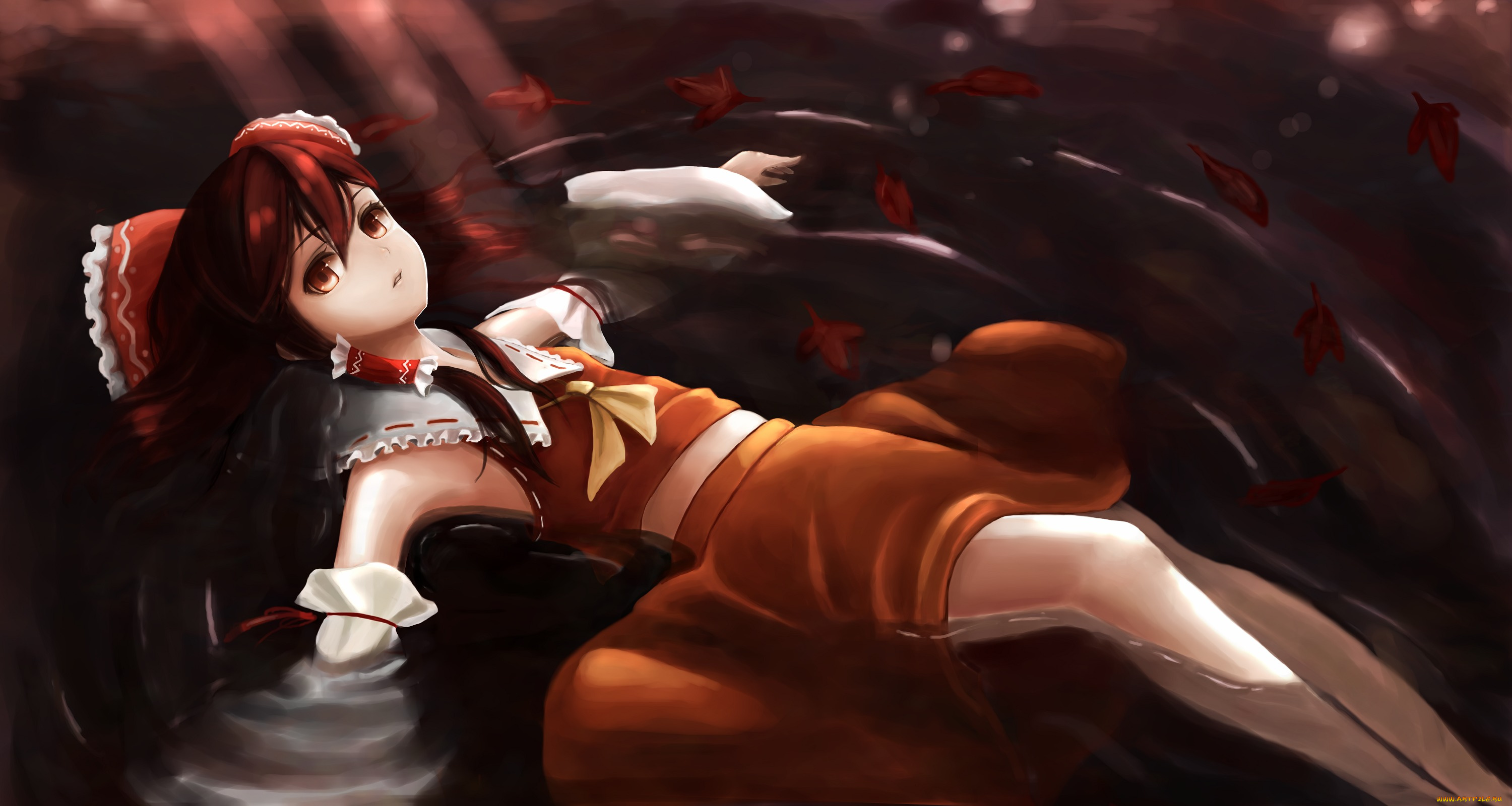 аниме, touhou, листья, вода, лежит, взгляд, hakurei, reimu, девушка, sashimi, art
