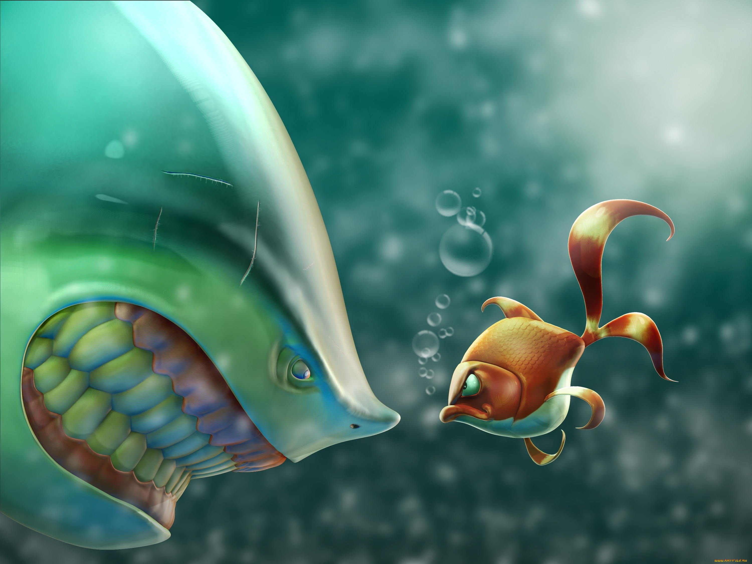 рисованные, животные, , рыбы, рыбы, ситуация, море, акула, золотая, злость, пузырьки, рыбка