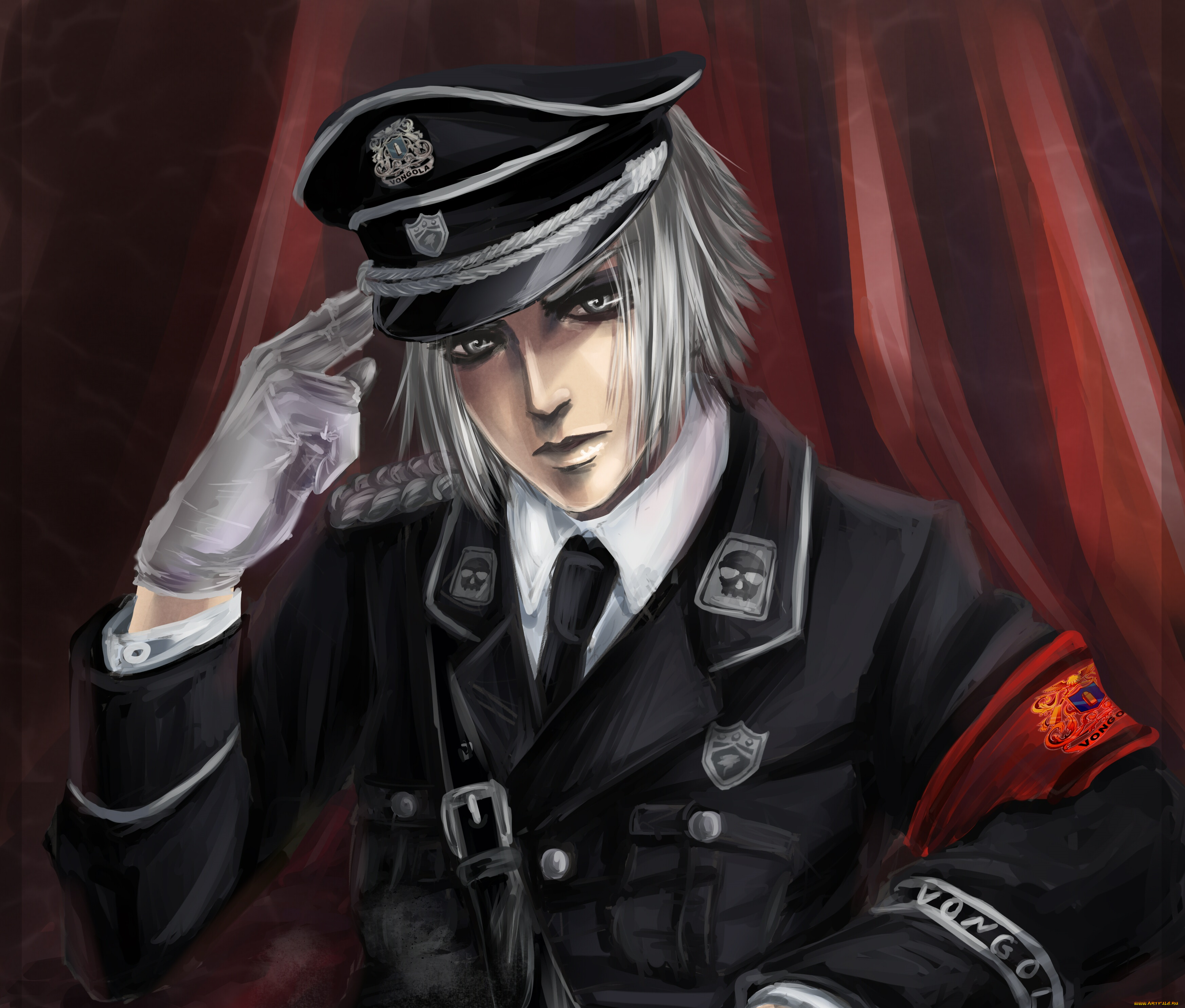 аниме, katekyo, hitman, reborn, серые, сидит, волосы, арт, парень, кепка, взгляд, перчатки, реборн, хаято, форма, черепа, вонгола, учитель, мафиози, гакудера