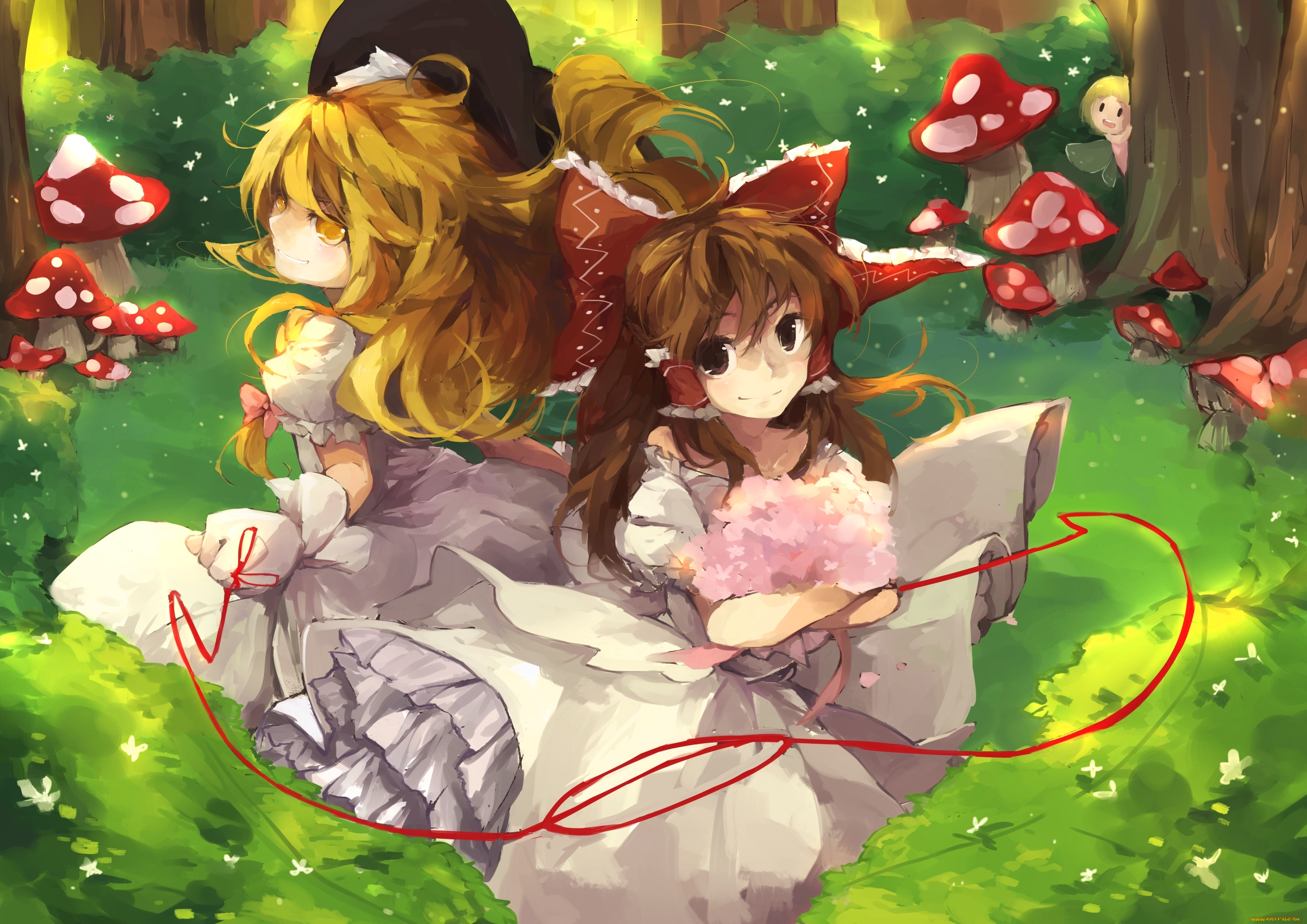 аниме, touhou, бант, девушки, kirisame, marisa, hakurei, reimu, shuzi, арт, улыбка, шляпа, грибы, деревья, природа, цветы, букет