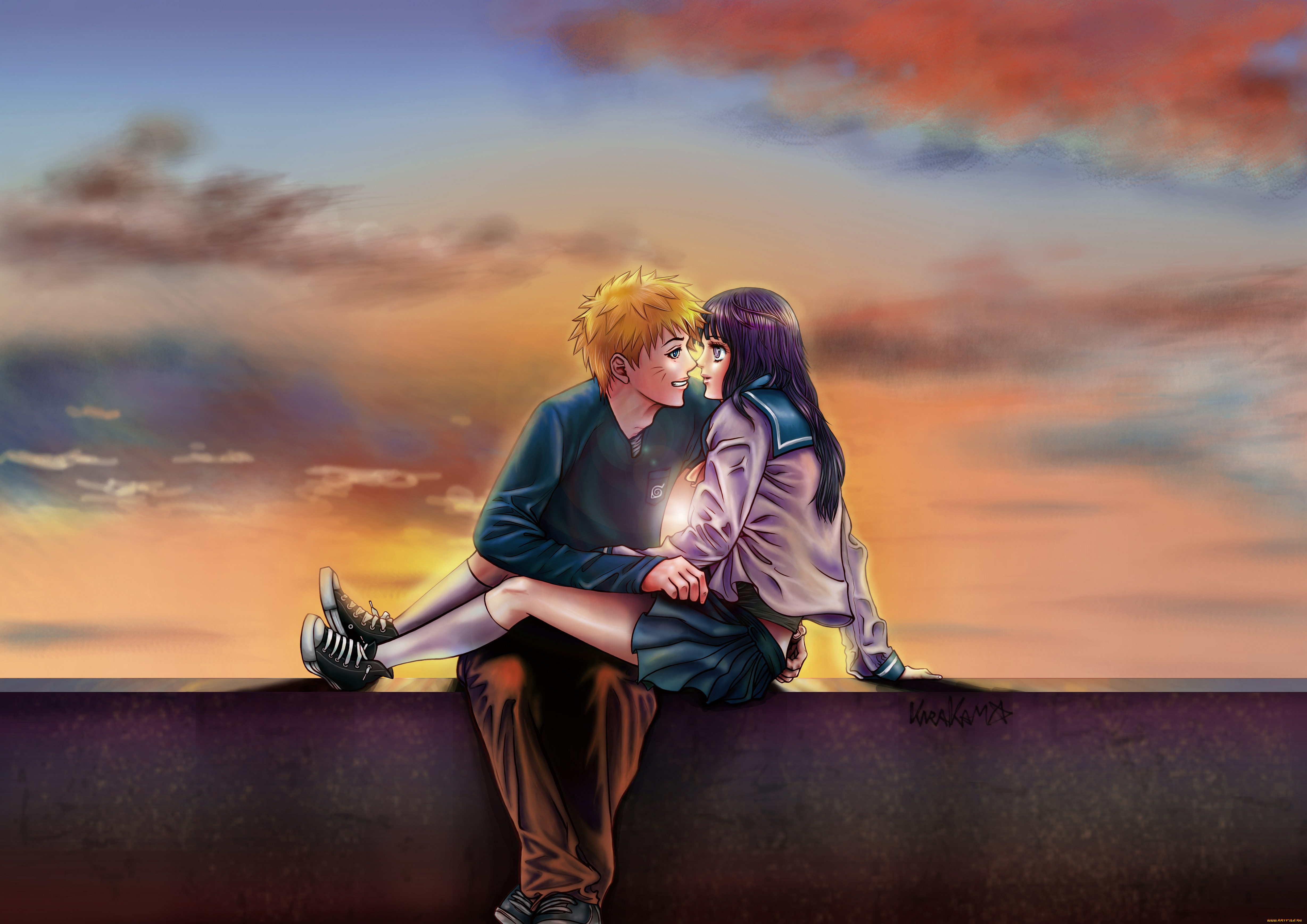 аниме, naruto, улыбка, закат, облака, небо, фан, арт, хината, хьюга, наруто, узумаки, пара, девушка, блондин, брюнетка, парень