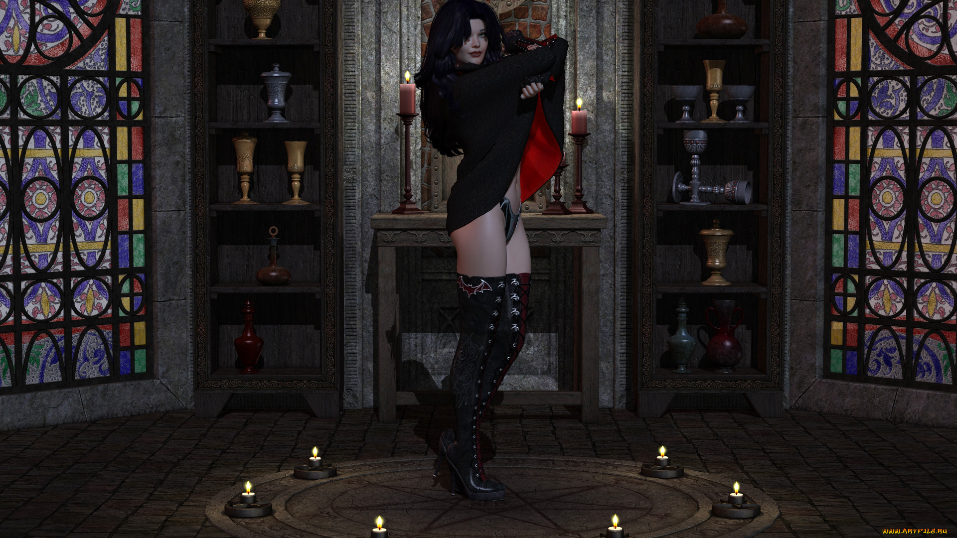 3д, графика, люди, , people, свечи, чаши, девушка, взгляд, фон