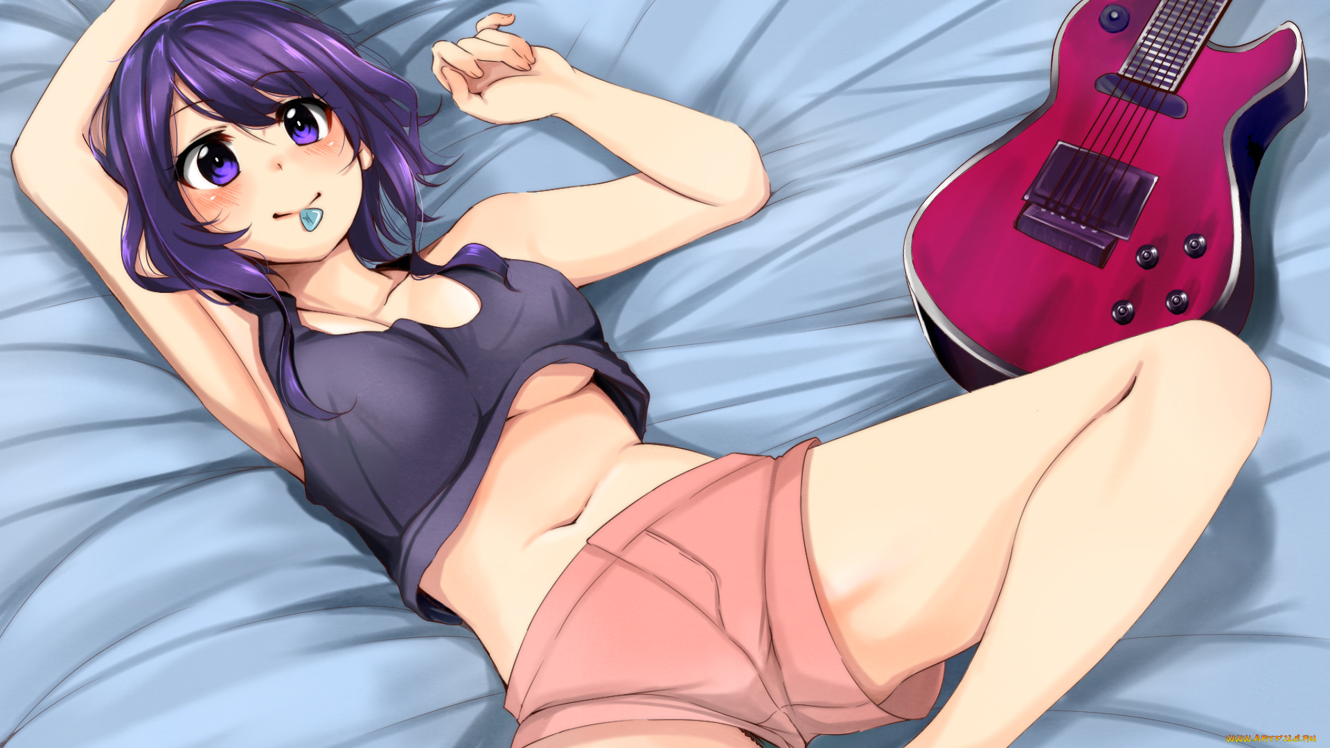 аниме, saenai, heroine, no, sodatekata, лежит, kirikirimai, kkm, hyoudou, michiru, saenai, heroine, no, sodatekata, шорты, майка, взгляд, девушка, арт