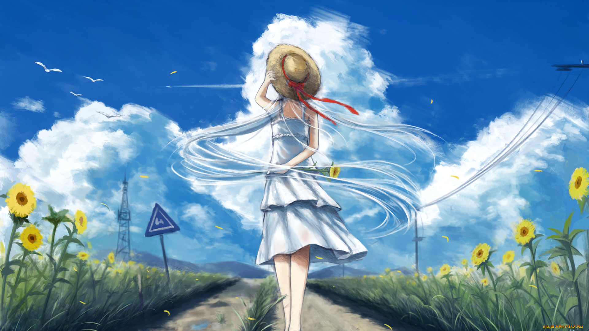 аниме, unknown, , другое, sombernight, арт, девушка, поле, шляпа, лето, небо, облака, подсолнухи