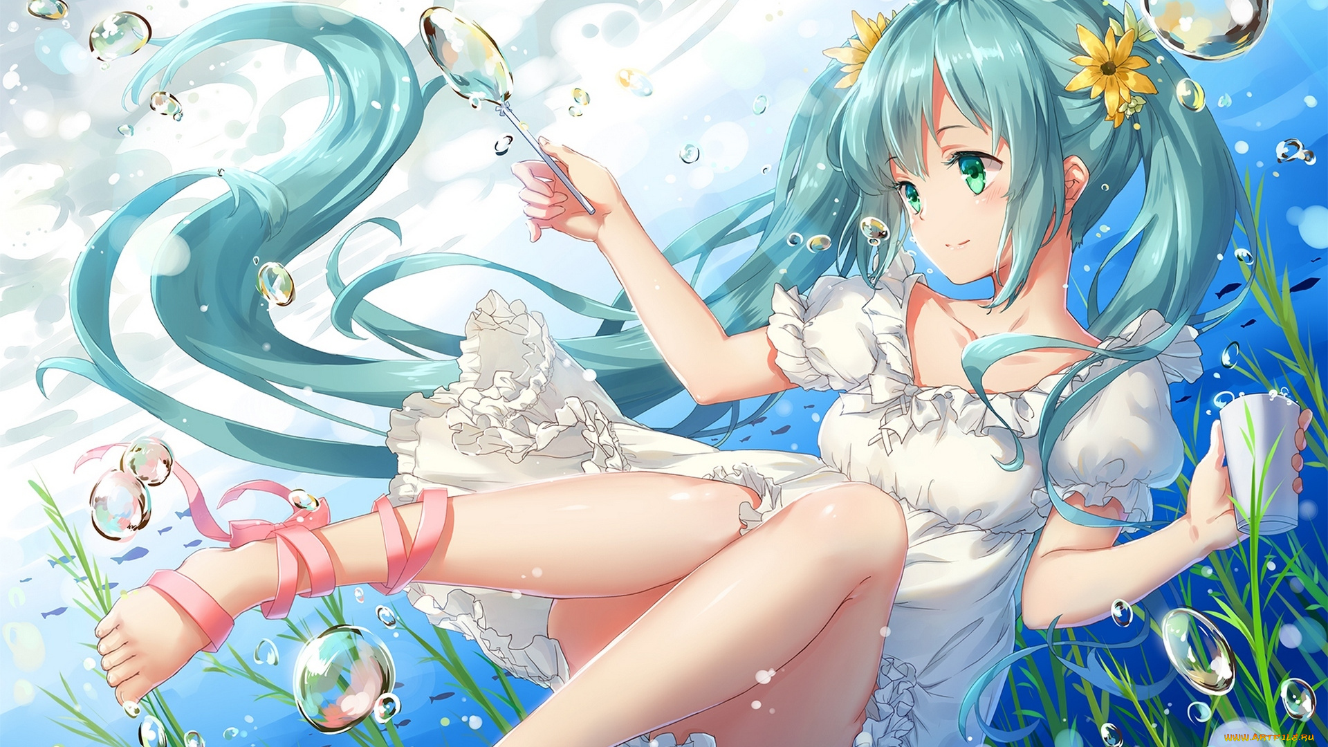 аниме, vocaloid, под, водой, пузыри, девушка, арт, pollia, hatsune, miku, трава, лента