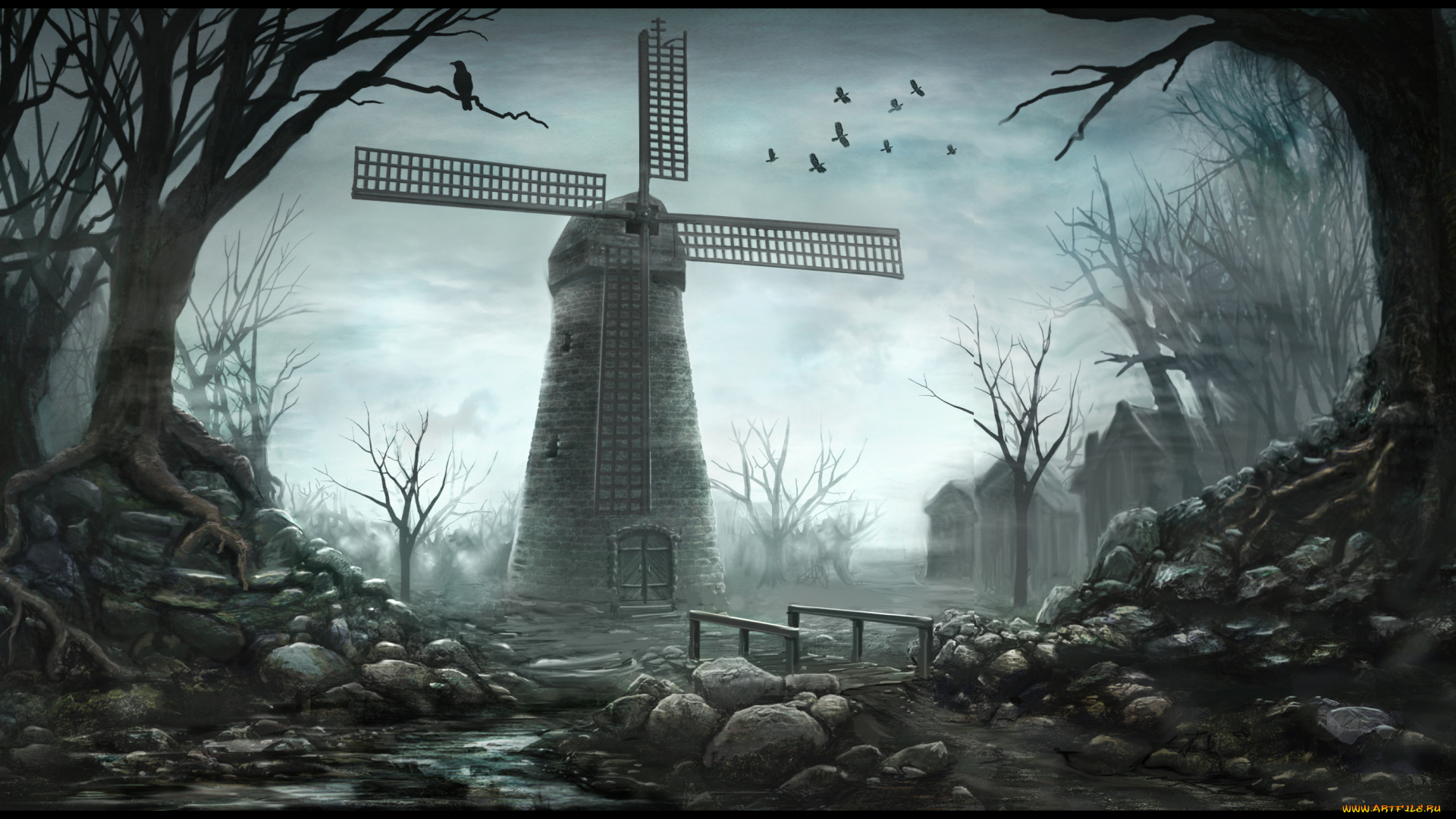 рисованное, природа, дома, река, деревья, ветряная, мельница