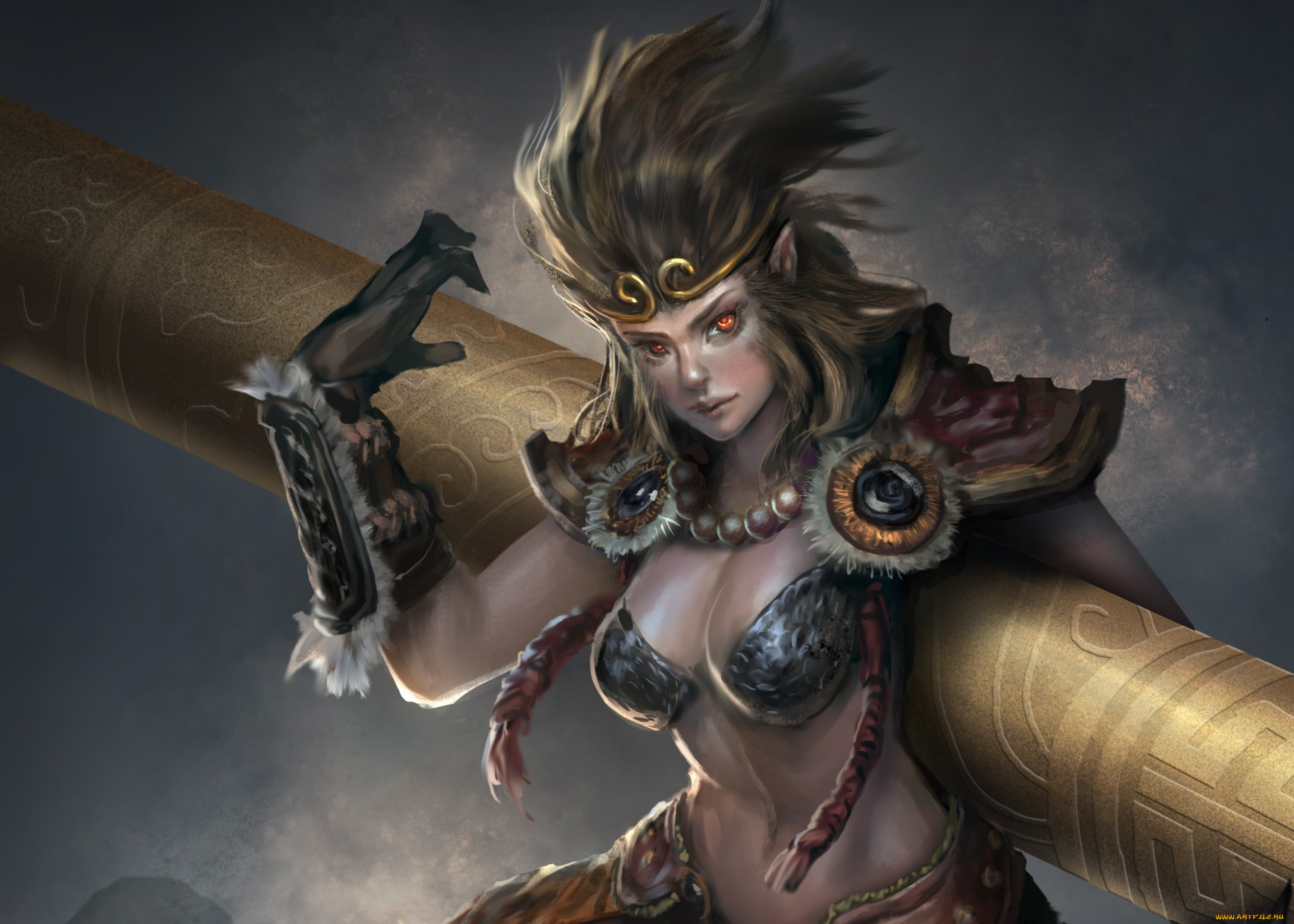 фэнтези, девушки, эротика, арт, фантастика, девушка, взгляд, волосы, мех