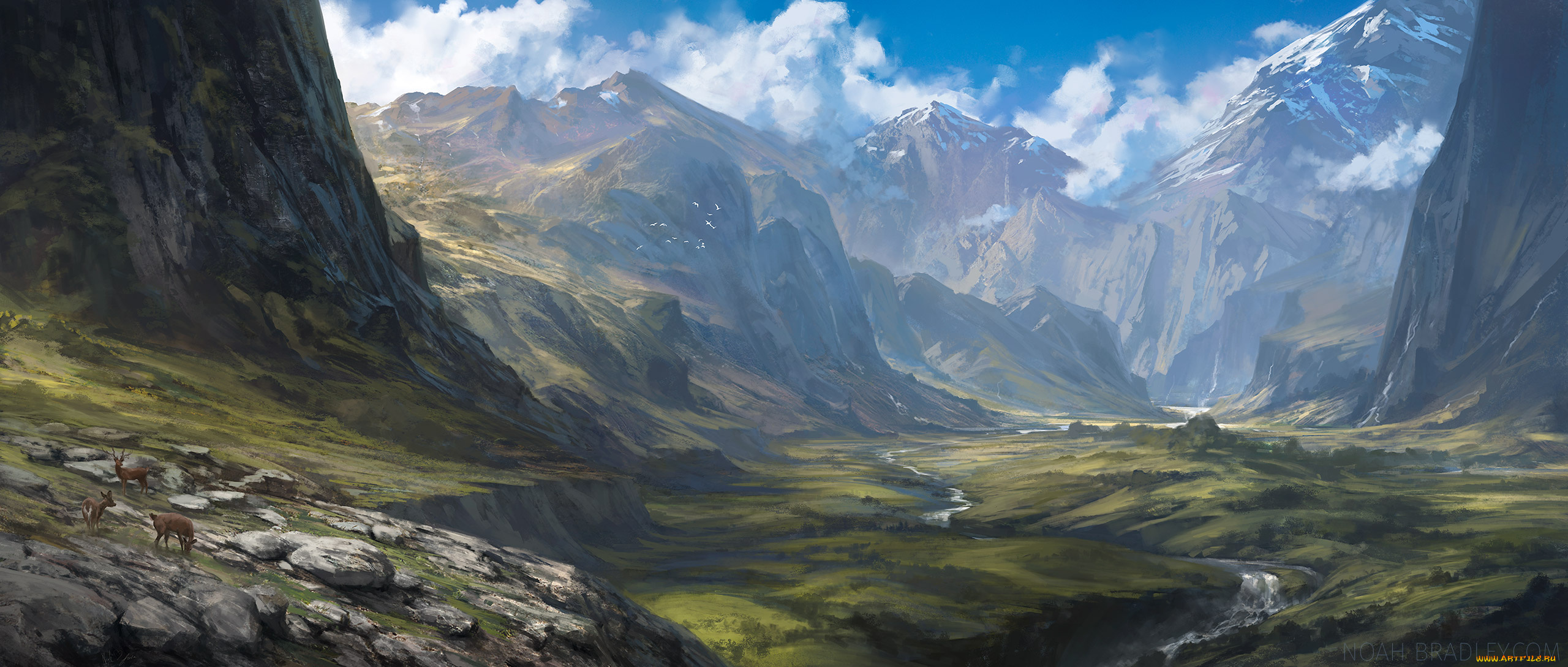 рисованное, природа, горы, река, олени, облака