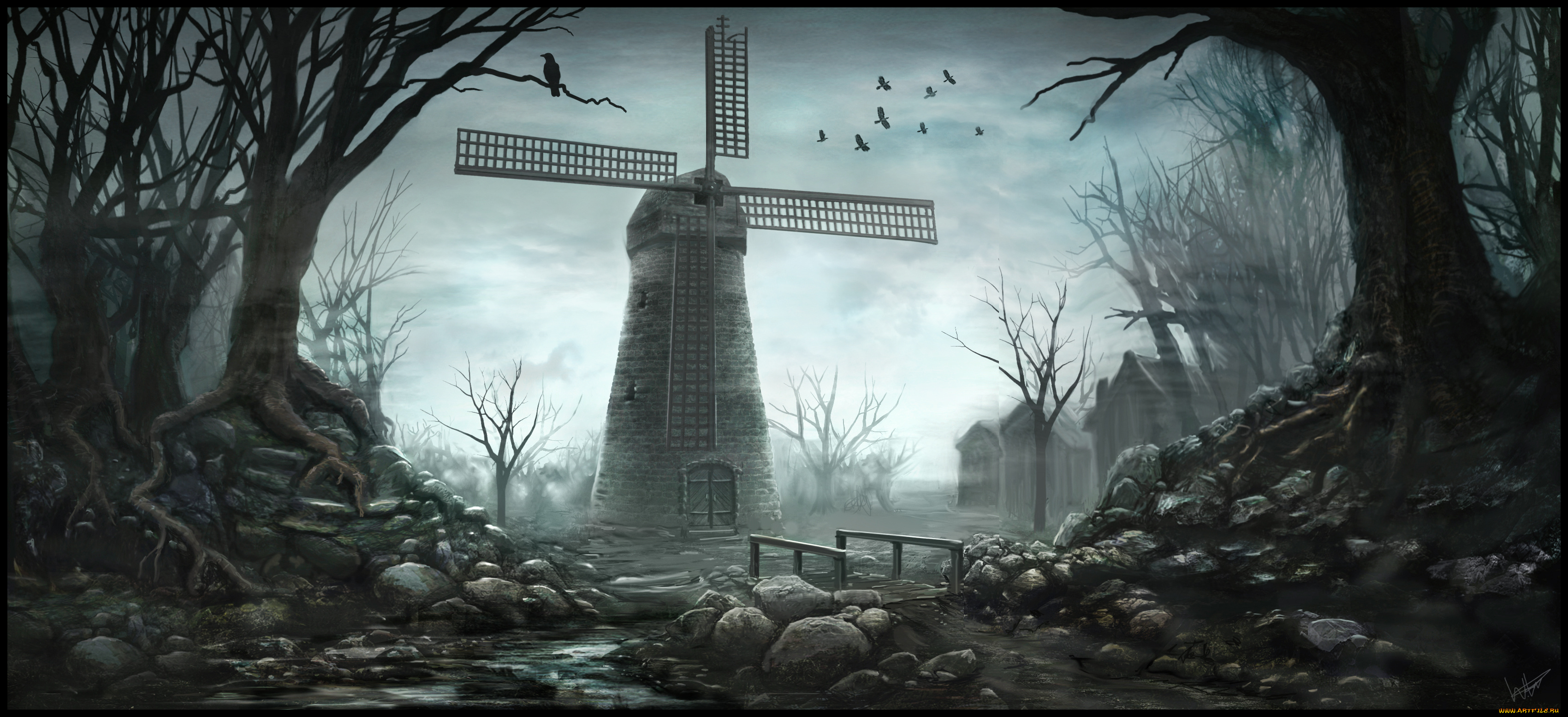 рисованное, природа, дома, река, деревья, ветряная, мельница