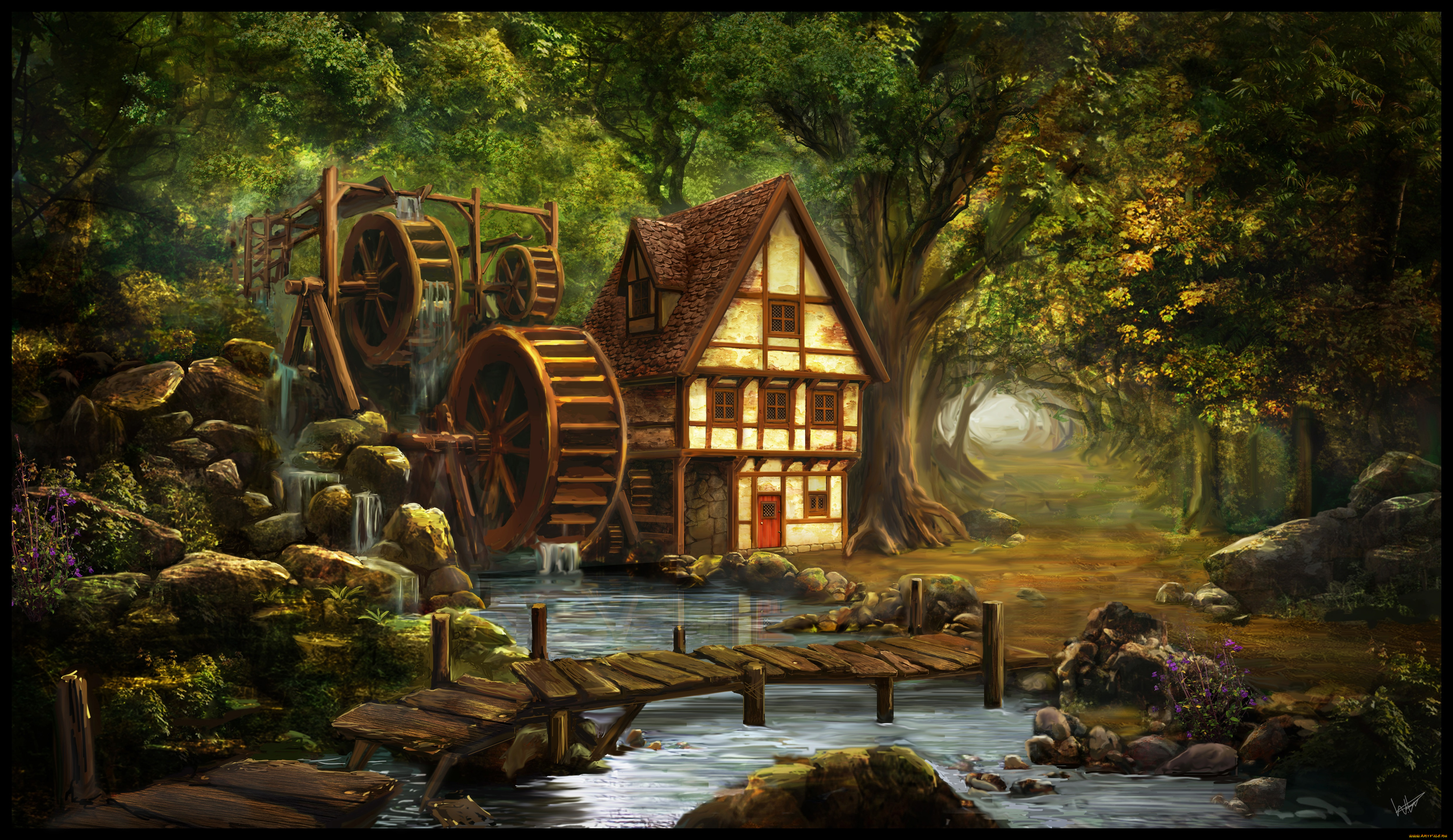 рисованное, природа, мельница, река, лес, мост, дорога