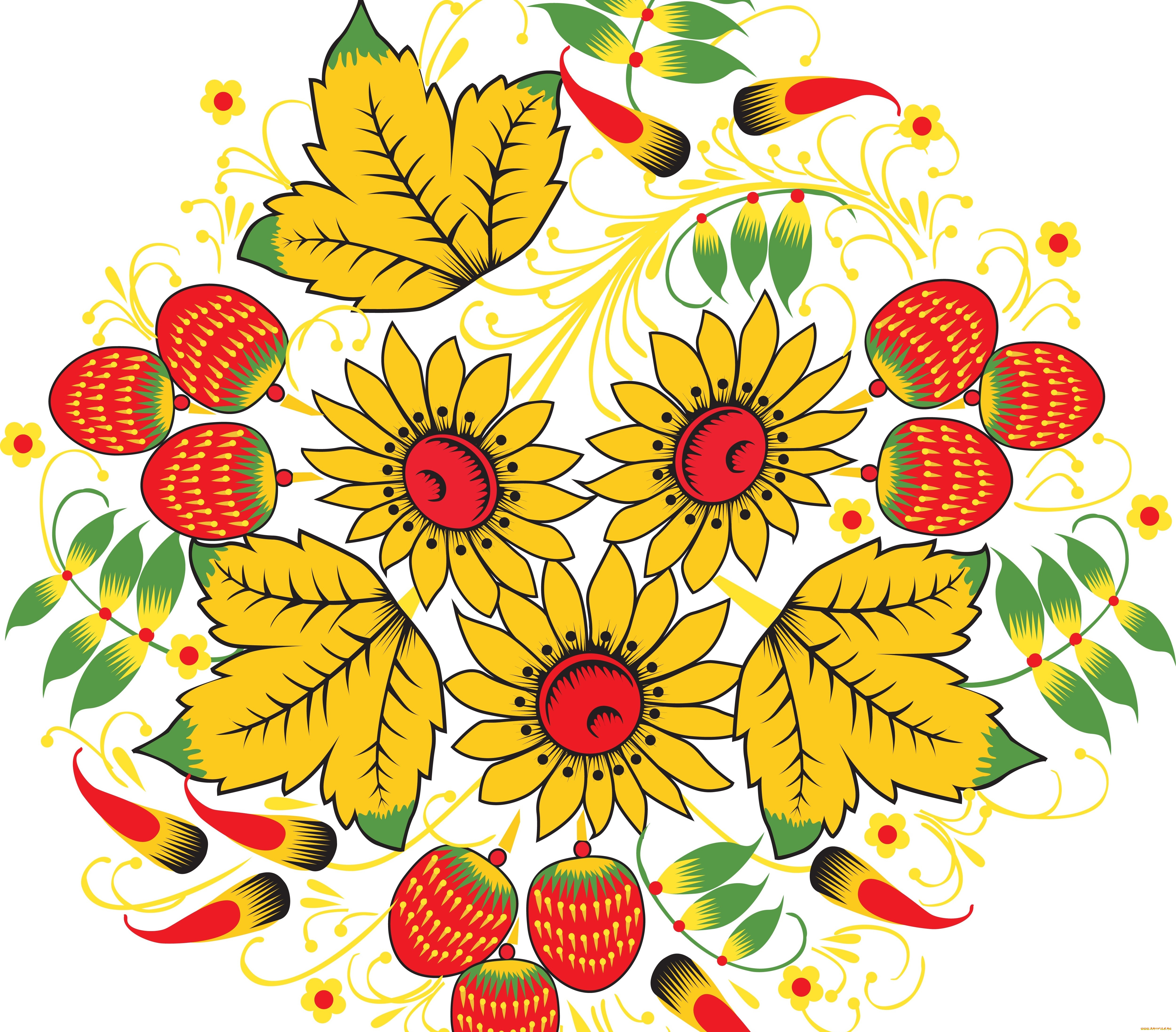 векторная, графика, цветы, узор, ягоды