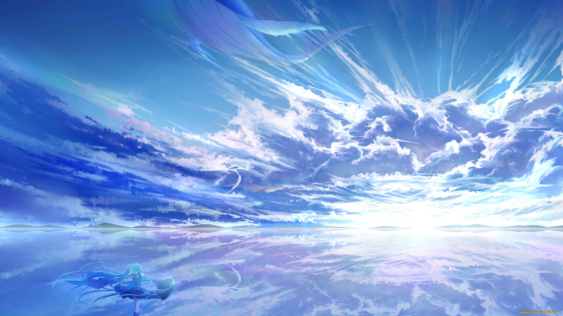 аниме, vocaloid, hatsune, miku, arsh, арт, отражение, кит, небо, солнце, облака, девушка, вода, закат, пейзаж