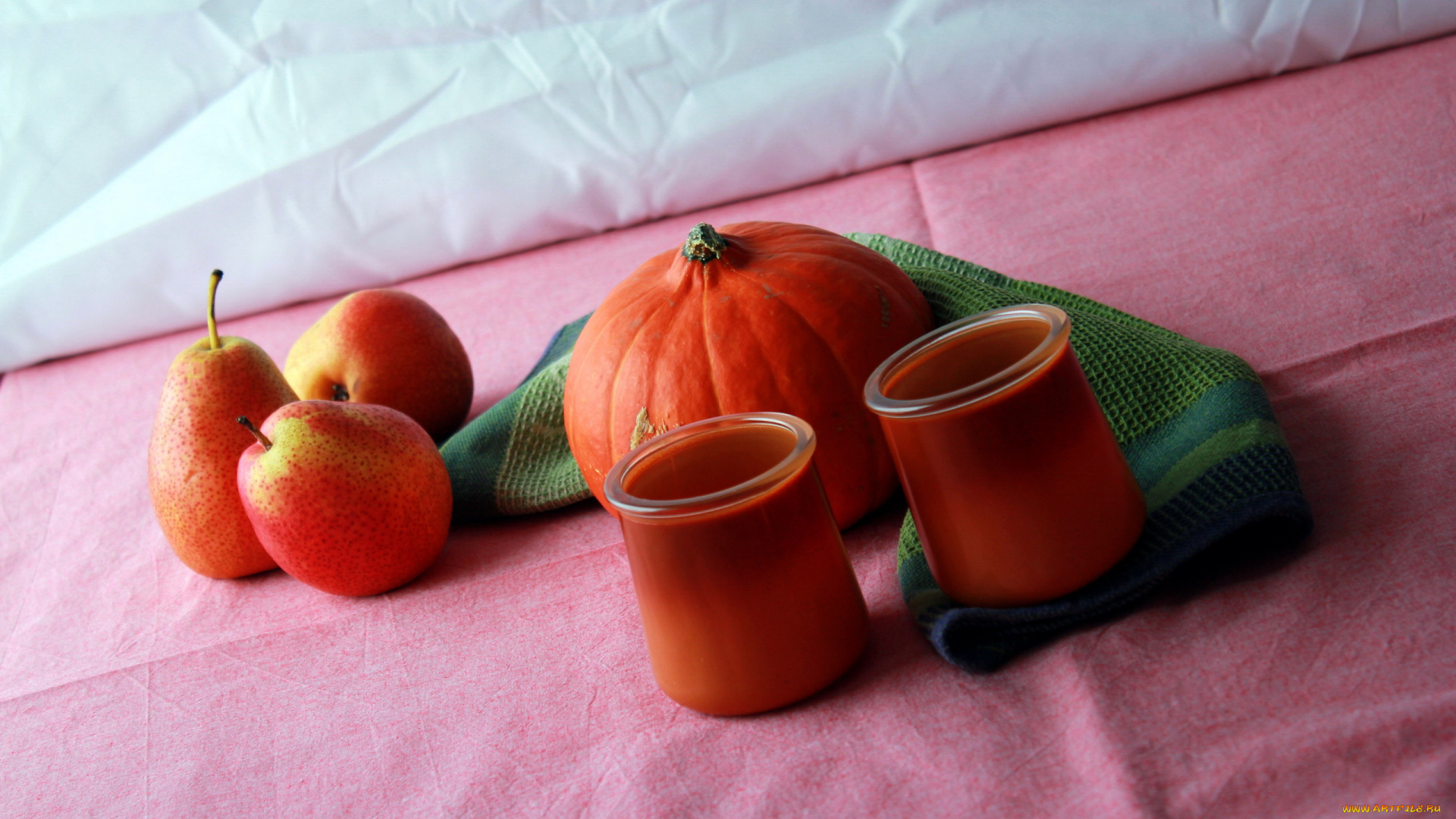 еда, фрукты, и, овощи, вместе, подсвечники, груши, тыква, салфетка