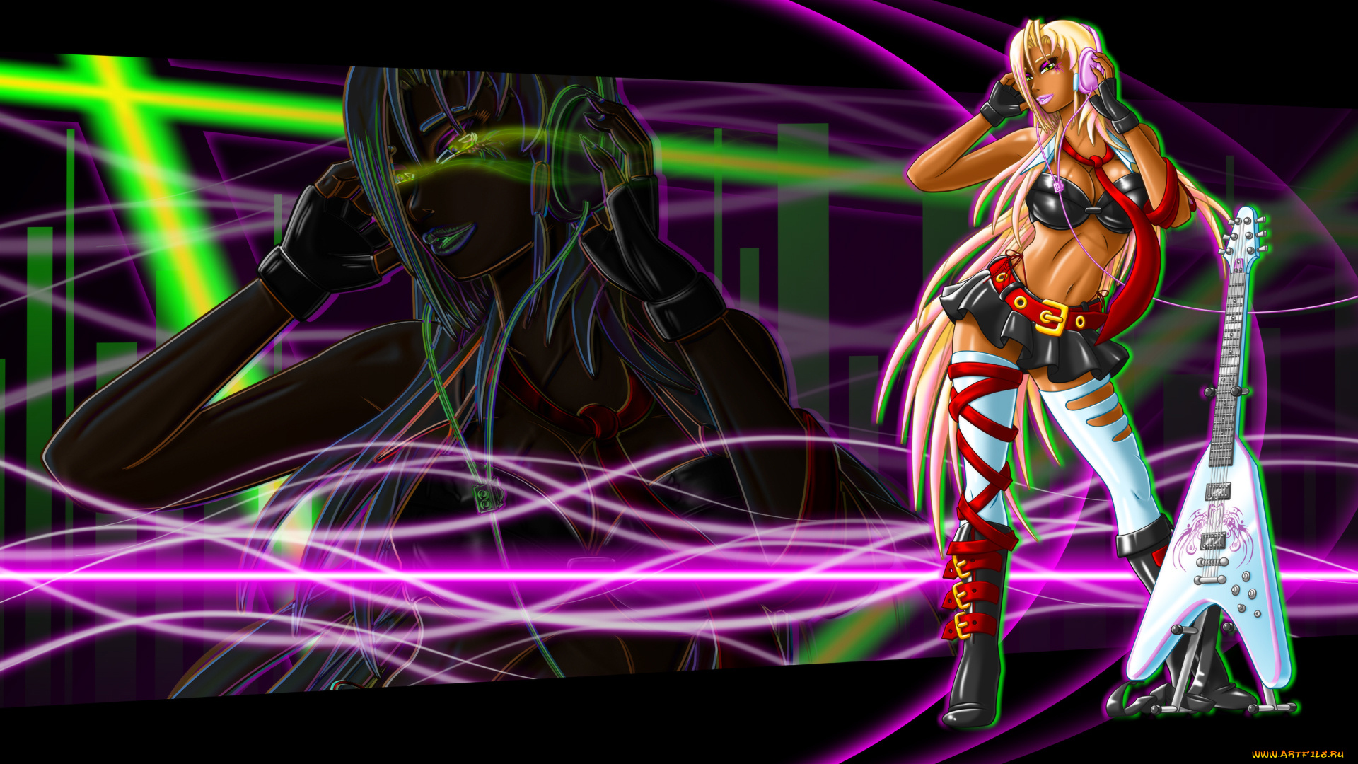 фэнтези, девушки, девушка, фон, гитара, наушники