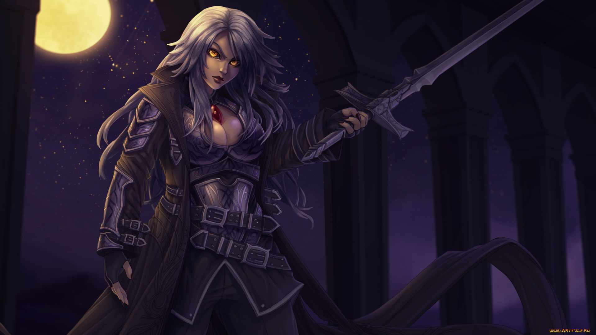 фэнтези, девушки, меч, девушка, полнолуние, moonlight, ночь, вампир, луна, magic, the, gathering, свет