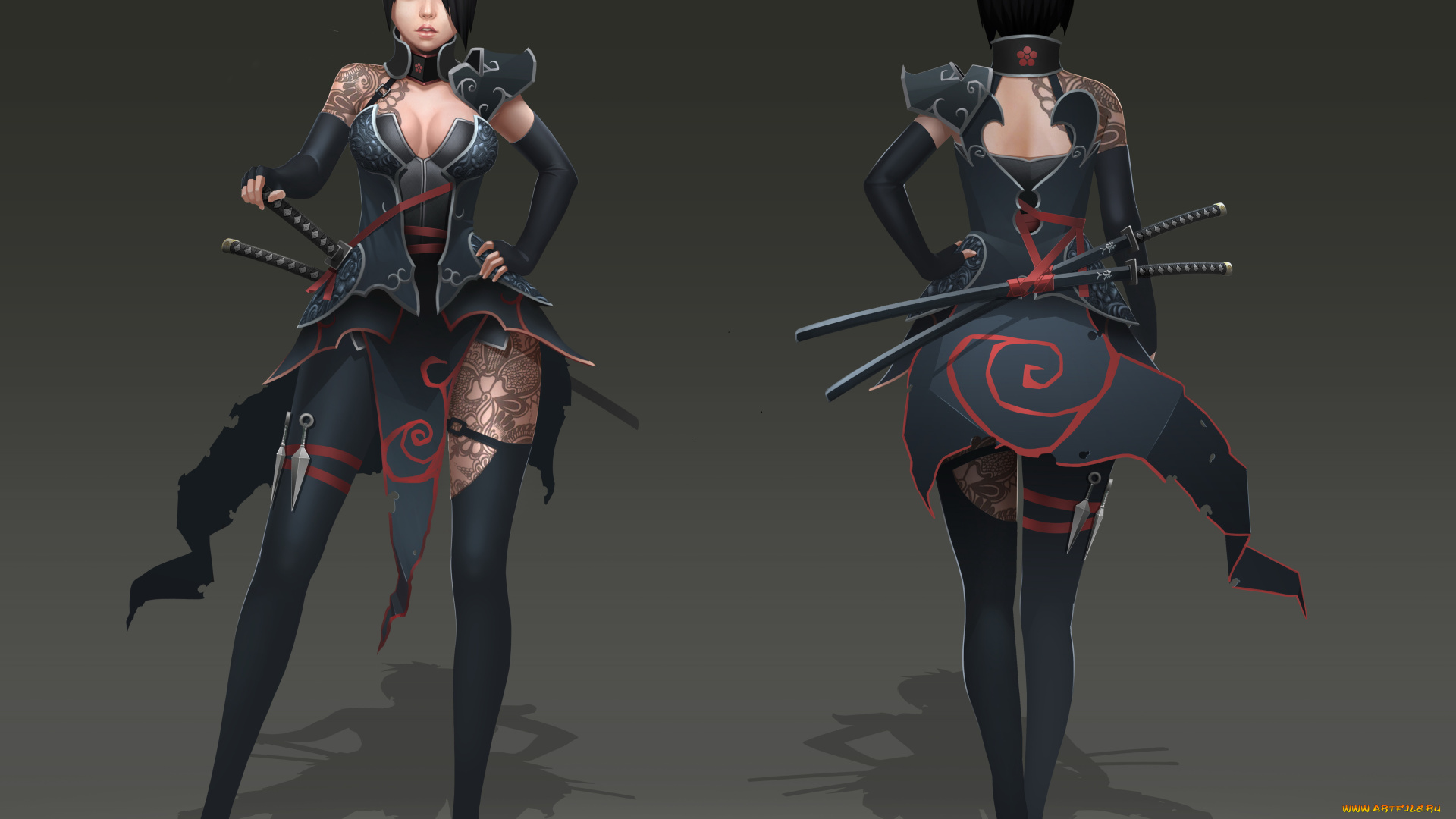 фэнтези, девушки, униформа, взгляд, фон, девушка, оружие, тату